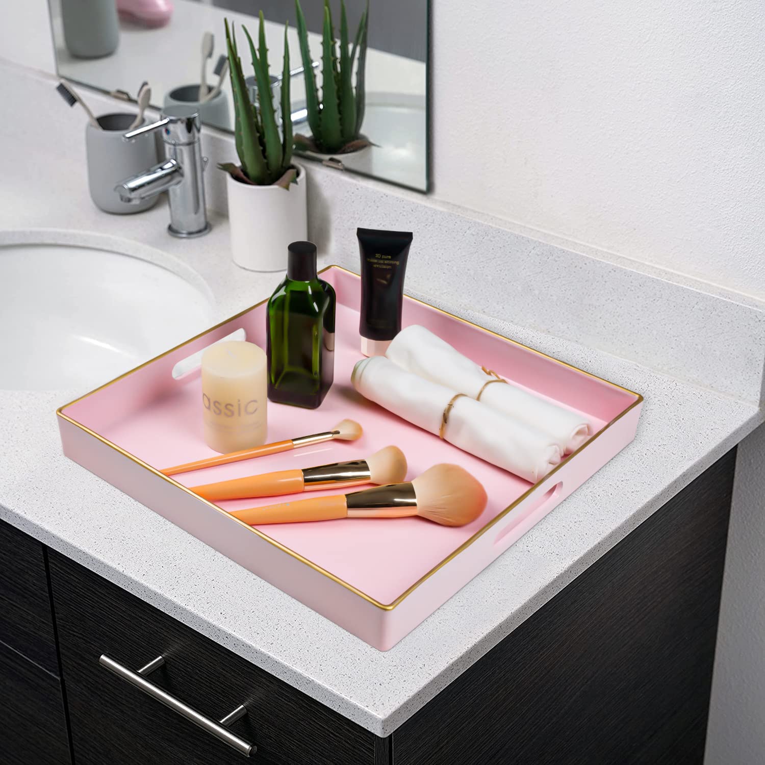 MAONAME Decorative Tray  Pink Serving Tray with Handles  Coffee Table Tray  Square Plastic Tray for Ottoman  Bathroom  Kitchen  13''x13''x1.57''