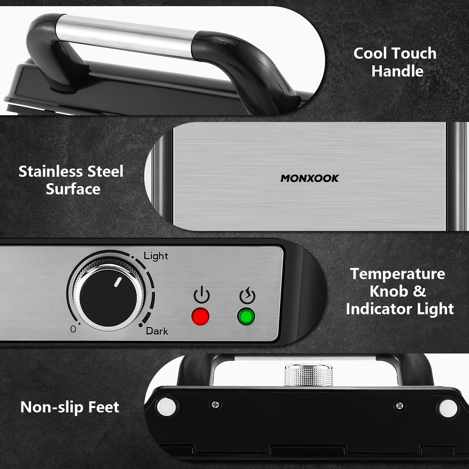 Monxook Panini Press Sandwich Maker, 4 Slices Panini Grill Non-Stick Coated Plates, Panini Makers With Temperature Control, Open
