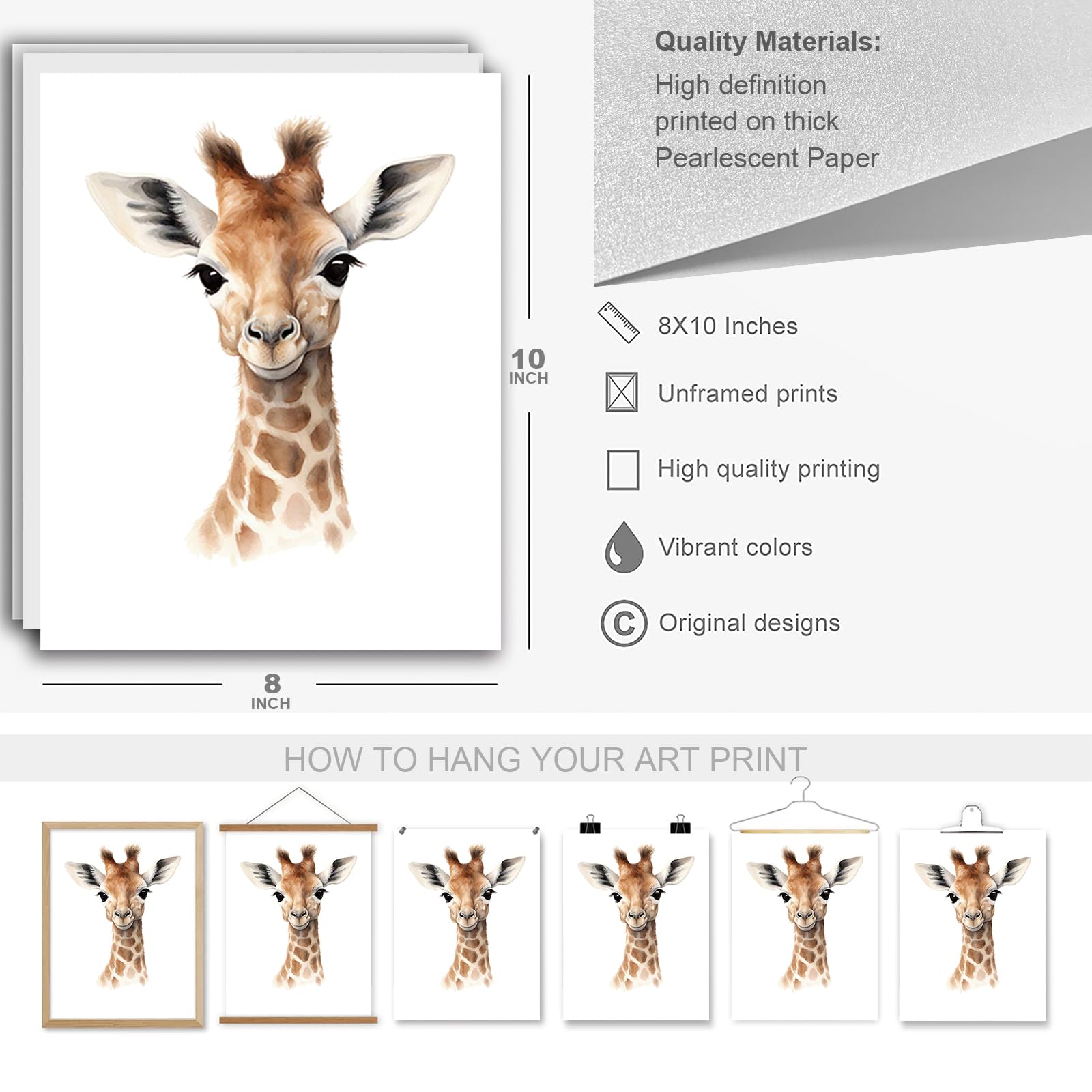 6 Pcs Cartoon Animals Wall Art Nursery Decor Cute Elephant Giraffe Leopard Zebra Deer Inspirational Wall Decor Unframed Posters