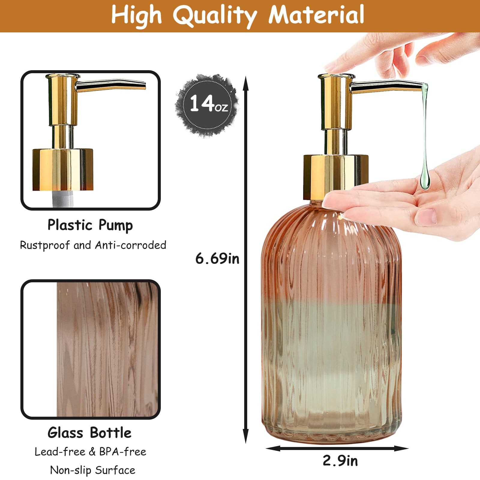 Glass Soap Dispenser With Gold Plastic Pump, 13.5Oz Refillable Liquid Hand Soap Dispenser, 2 Pack Crystal Lotion Bottle For Mode