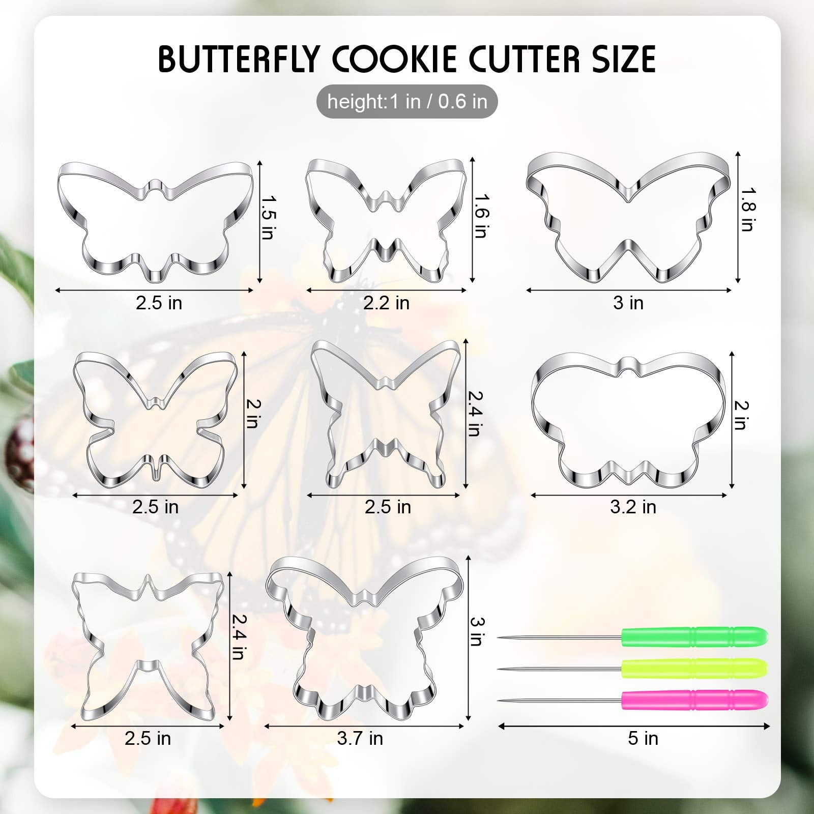 8 Pieces Butterfly Cookie Cutter Set Stainless Steel Metal Biscuit Cutter Mould And 6 Pieces Sugar Stirring Pins For Sandwich Ch