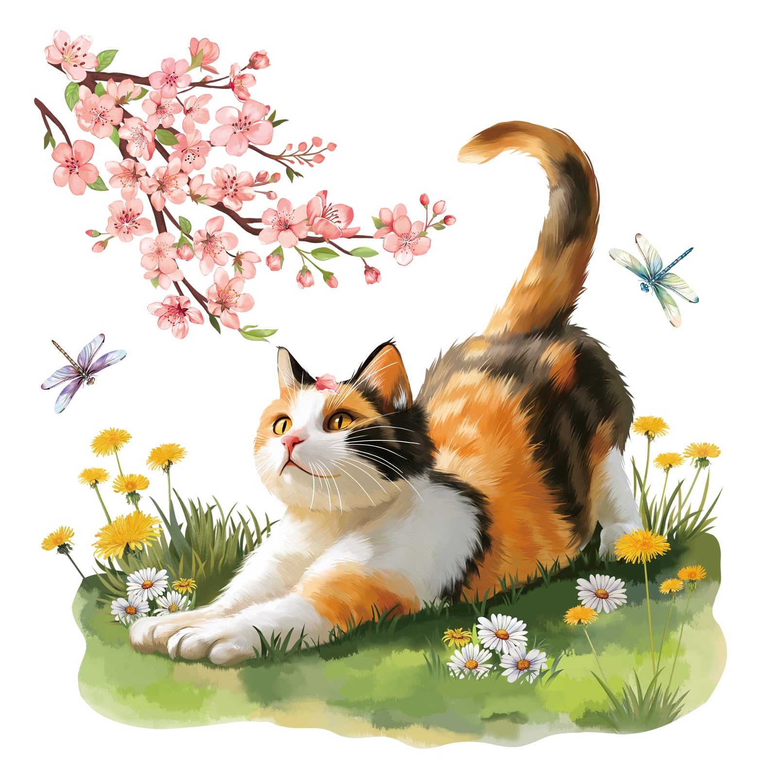 FUFUQUARE Watercolor Cat Wall Stickers Cherry Blossom Kitty Wall Decals Removable Funny Animal DIY Wall Art for Bedroom Living R