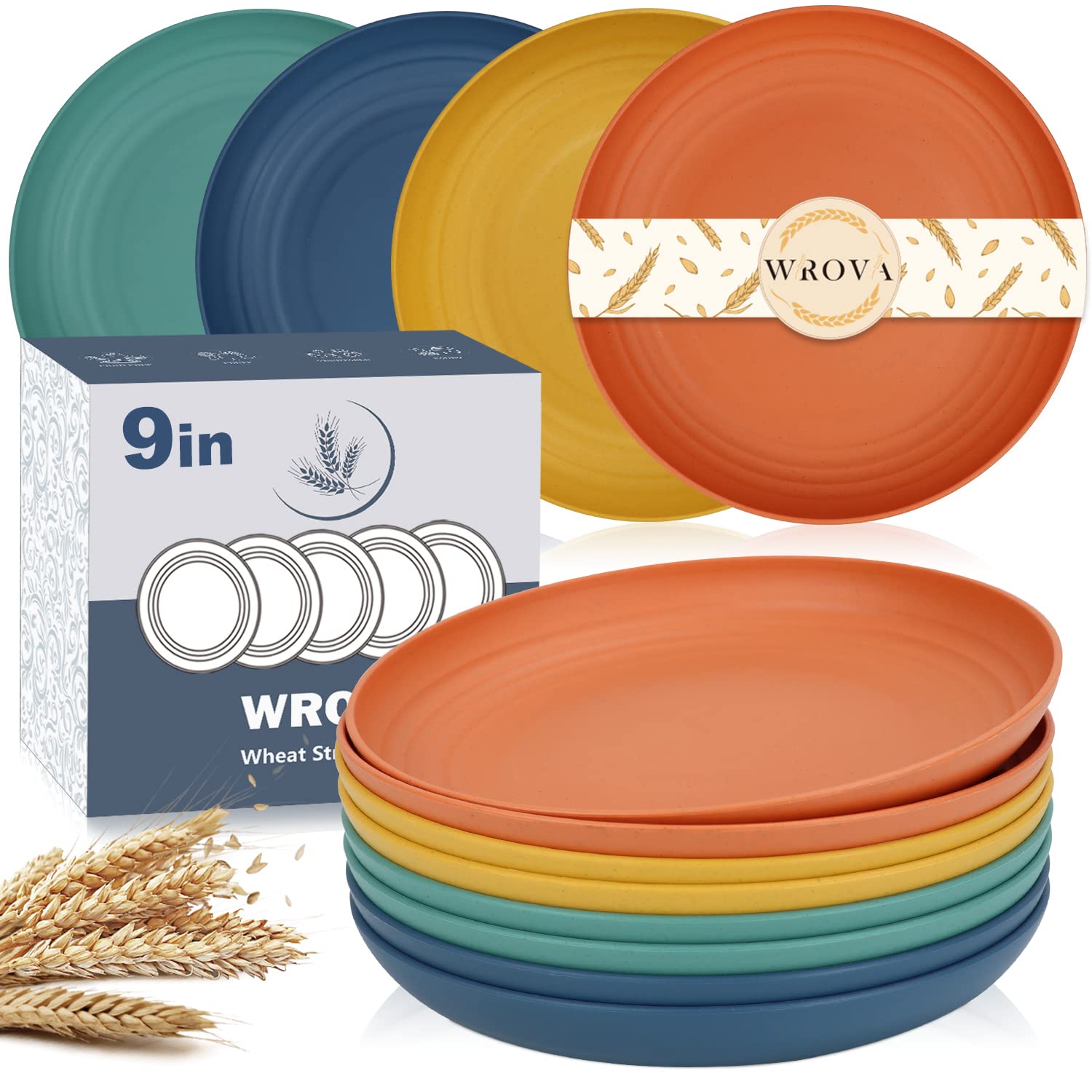 Wrova Wheat Straw Plates - 9 Inch Unbreakable Dinner Plates Set of 8 - Dishwasher & Microwave Safe Plastic Plates Reusable - Lig