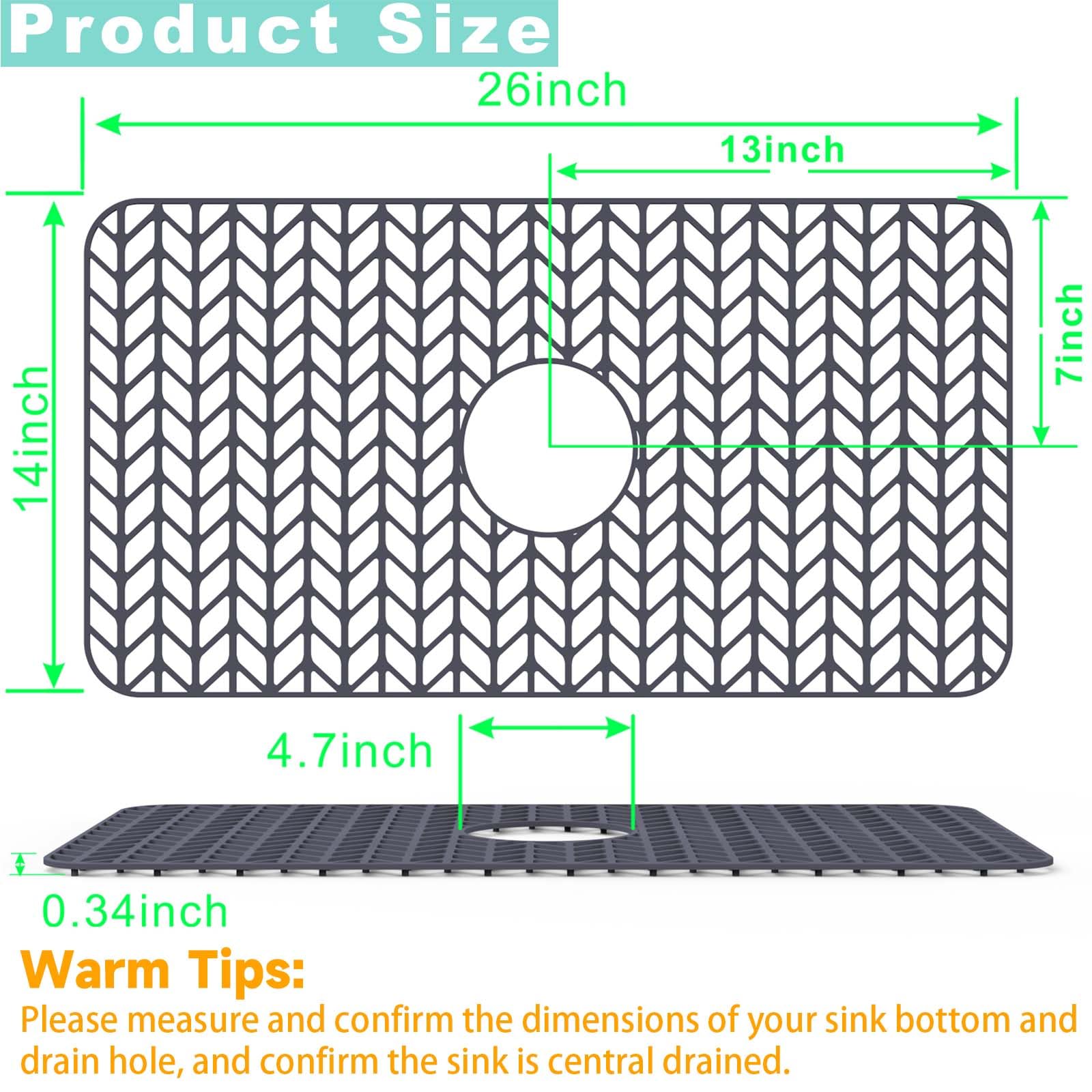 AWOKE Sink Protectors for Kitchen Sink - 26''x 14'' Sink Mat - Heat-resistant Easy-clean Silicone Sink Mat - for Protection of Stainless Steel Sink - with Center Drain (Grey)