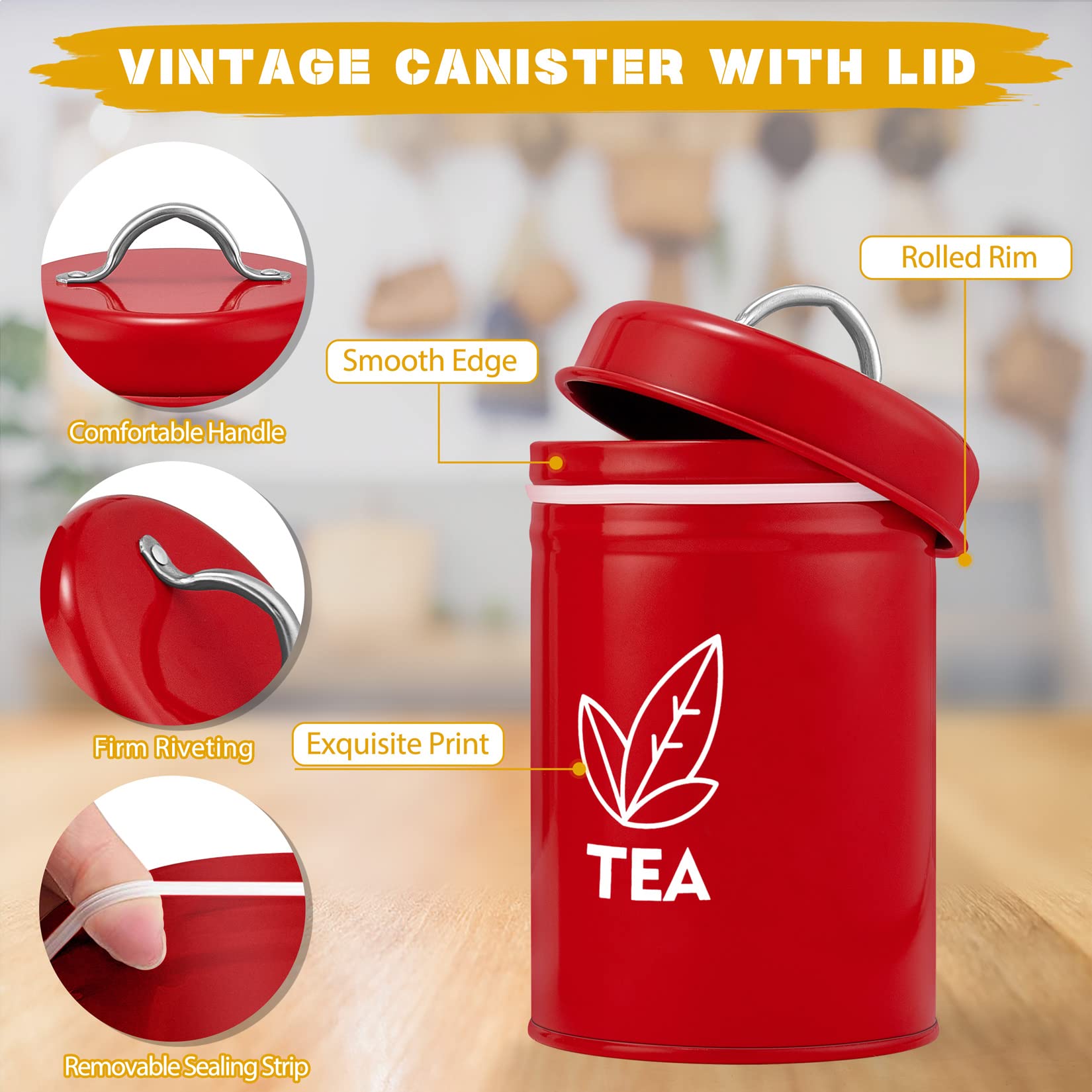 P&P Chef Red Canisters Set Of 3, Metal Kitchen Canister With Lid Set For Sugar Tea Coffee, Food Storage Jars, Vintage Farmhouse