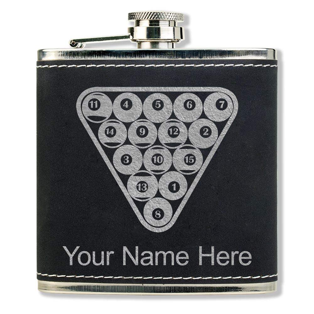 Faux Leather Flask, Billiard Balls, Personalized Engraving Included (Black With Silver)