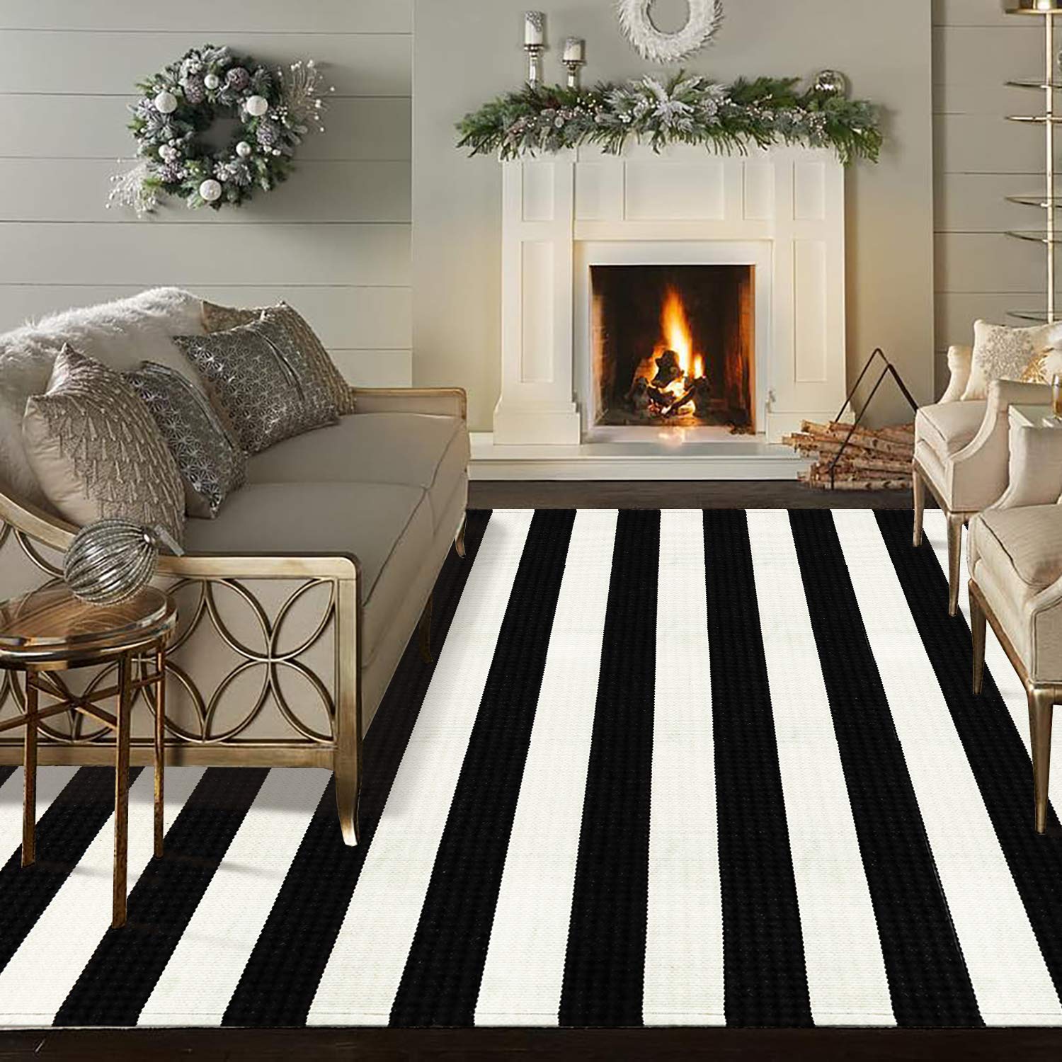 Black and White Striped Rug 5 7 x 7 7 Washable Large Patio Rug Cotton Hand-Woven Indoor Outdoor Rug Farmhouse Casual Flatweave