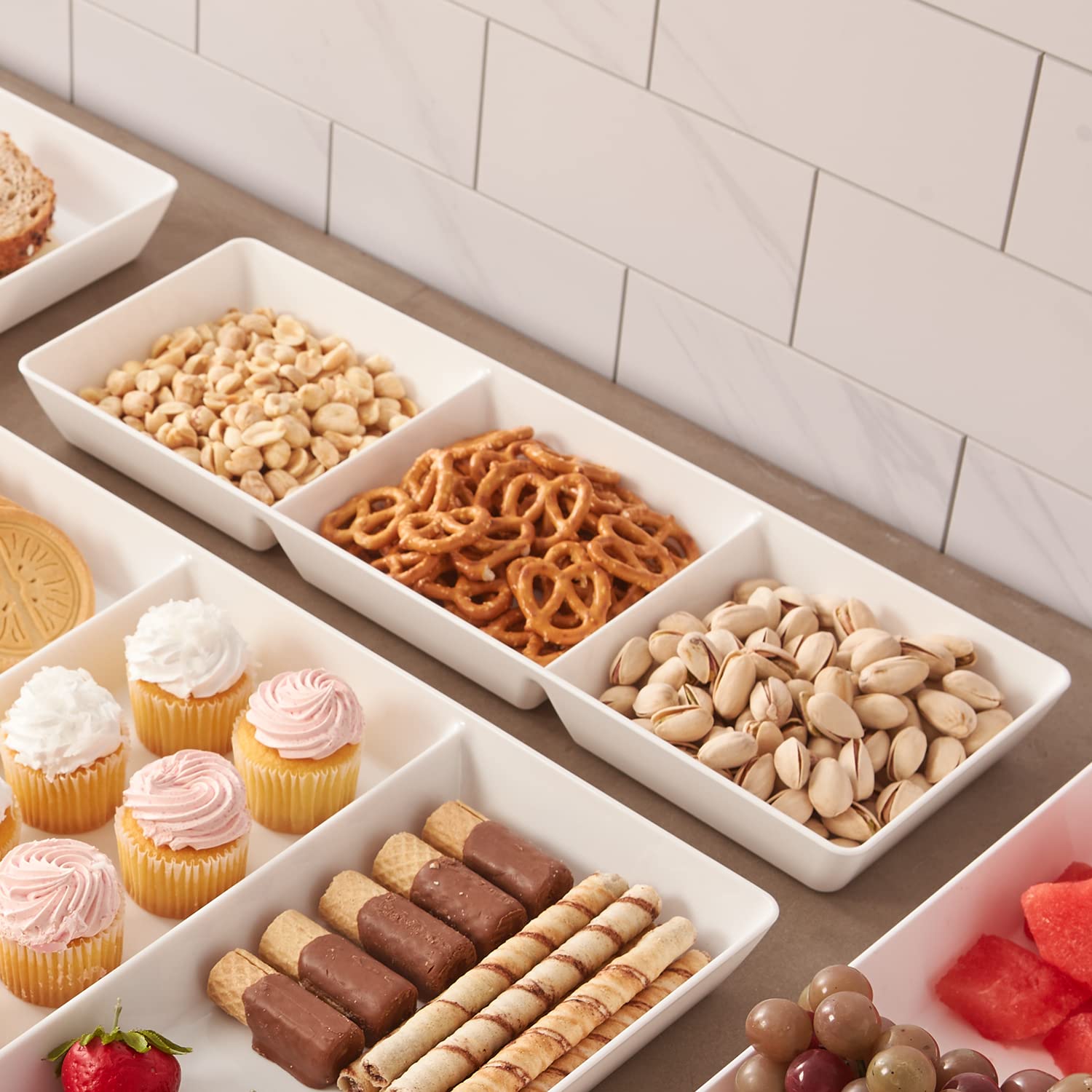 Us Acrylic Avant White Plastic Divided Serving Trays (Set Of 4) 15    X 5    | Narrow Reusable 3-Section Party Platters | Serve