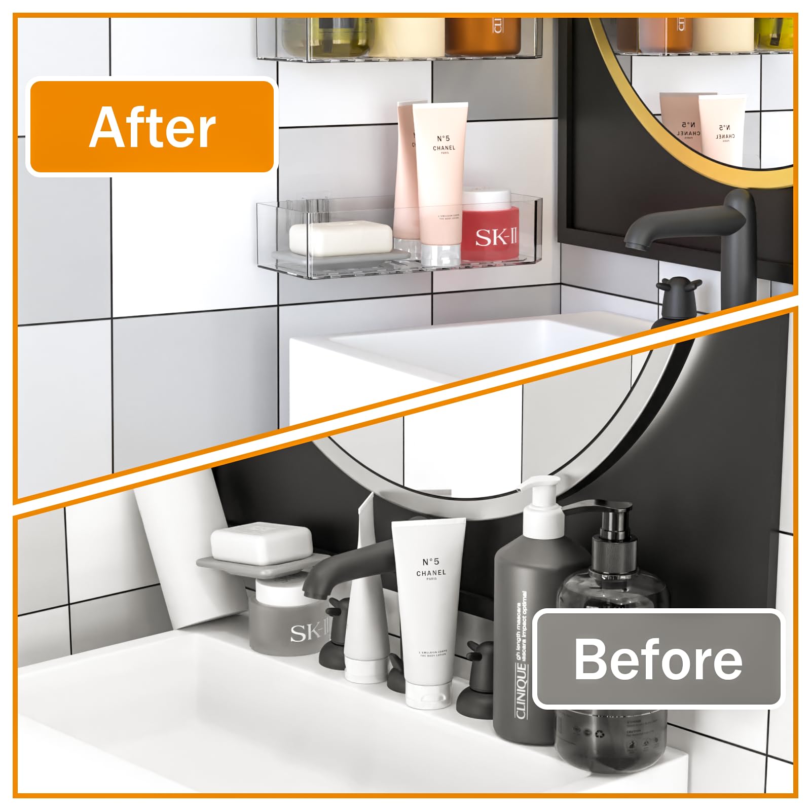 Cq acrylic Bathroom Shower Shelf Organizer Rack Adhesive Shower Organizer for Bathroom Storage&Home Decor&Kitchen Wall Shower Caddy Shelf Non Drilling Adhesive and No Damage Wall Mount 2 Pack Clear