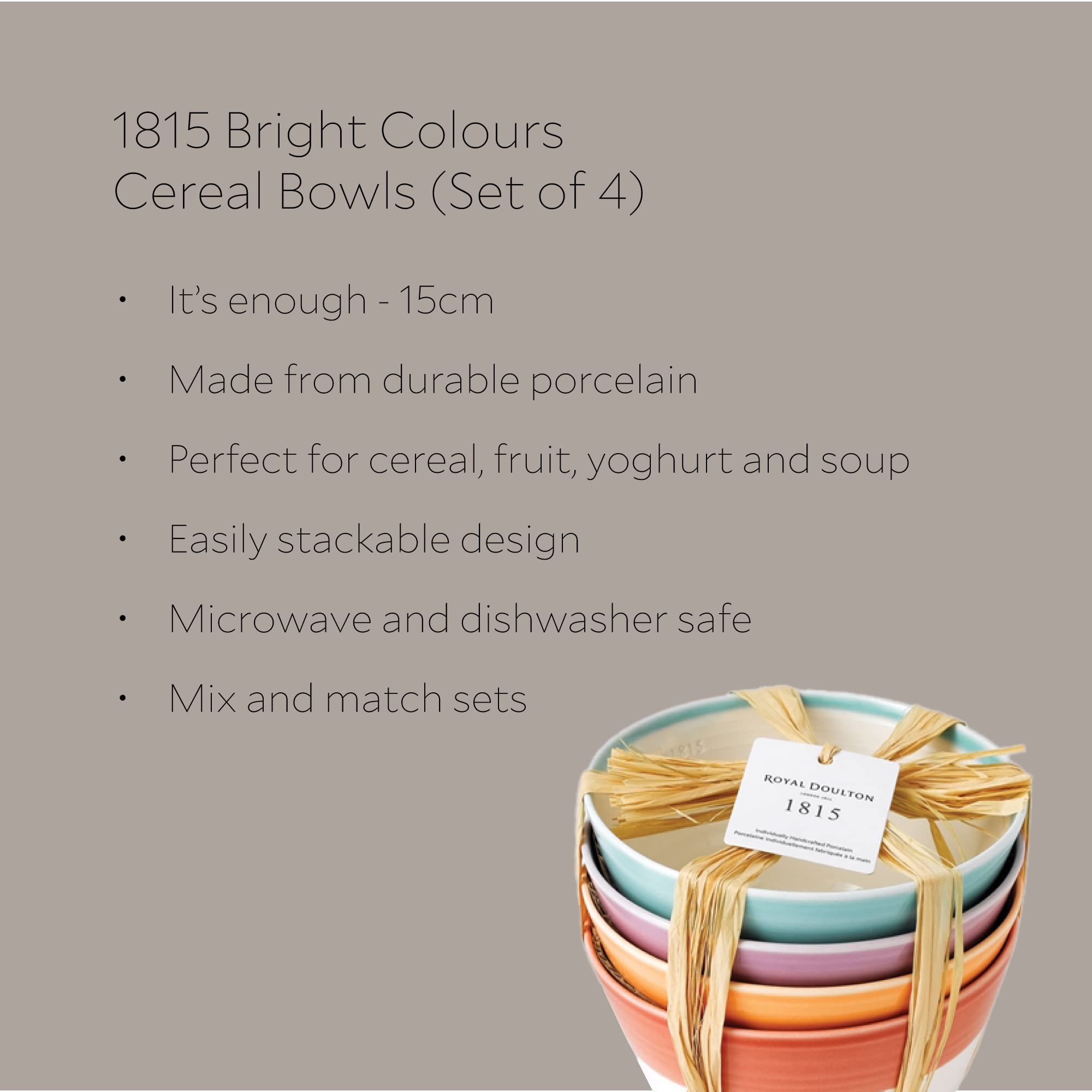 Royal Doulton 1815 Mixed Patterns Cereal Bowl, 5.9'', Bright Colors, Set Of 4