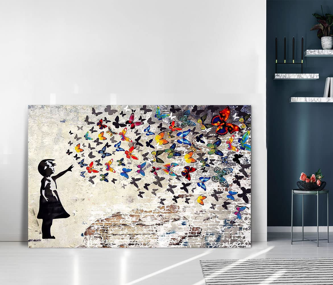 Colorful Graffiti Street Canvas Wall Art Funny Butterfly Banksy Street Art Mural Pop Art Modern Home Office Wall Decor Framed Ca