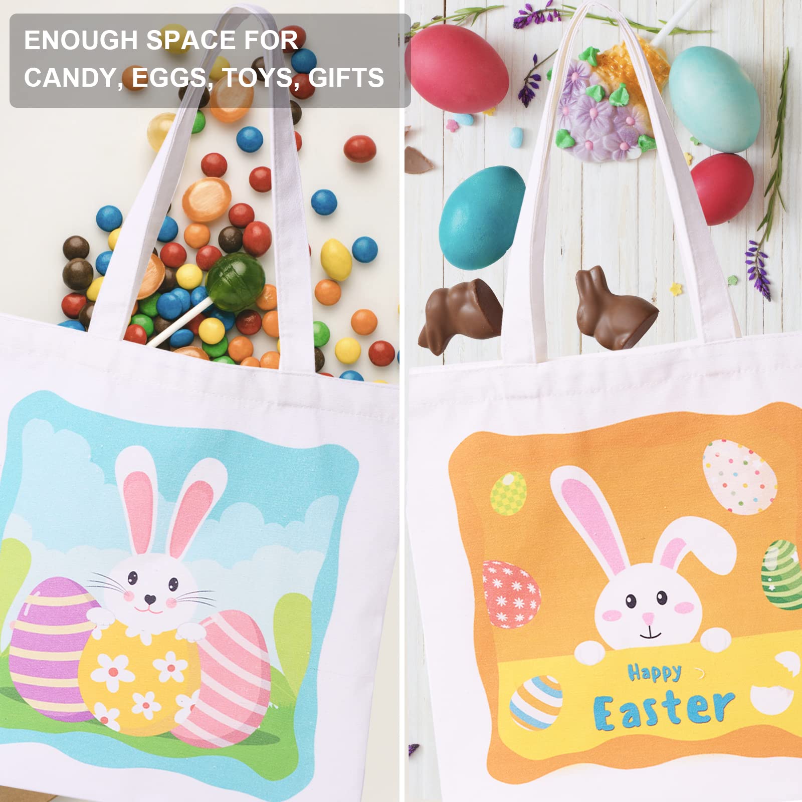 3 Pack Easter Gift Bags, Large Easter Bags With Handles, Canvas Easter Egg Bunny Treat Bags For Kids, Happy Easter Rabbit Bags,