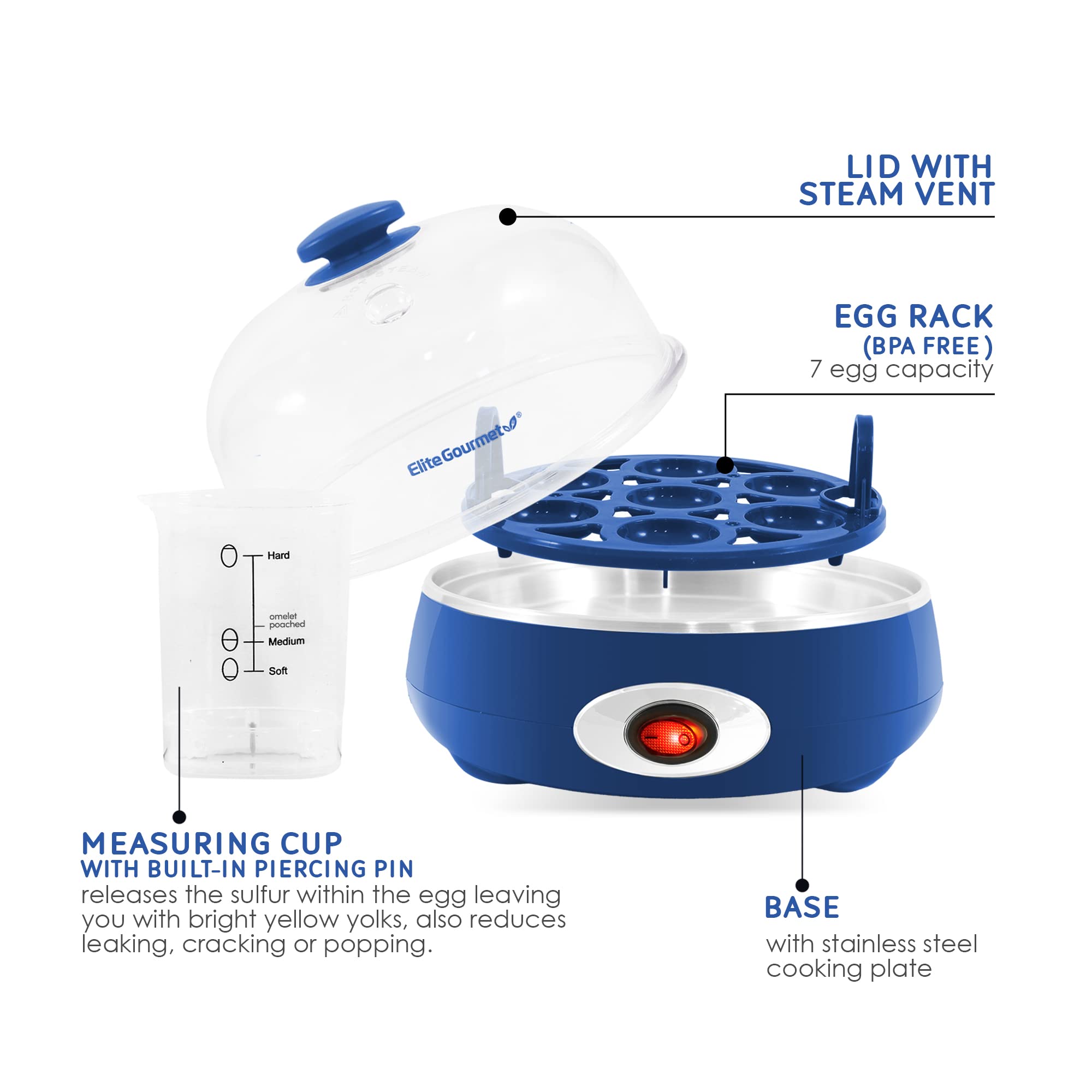 Elite Gourmet Easy Egg Cooker EGC322CBL - 7-Egg Capacity, Auto Shut-Off, BPA Free, Classic Blue