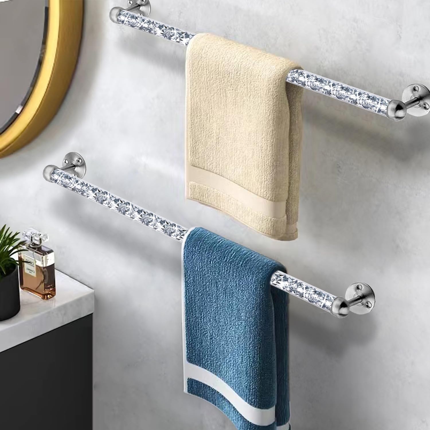 Meetart Crushed Diamond Glass Towel Bar For Bathroom,Set Of 2 Towel Rods Wall-Mounted ,Towel Racks For Bath Towels,Hand Towels(2