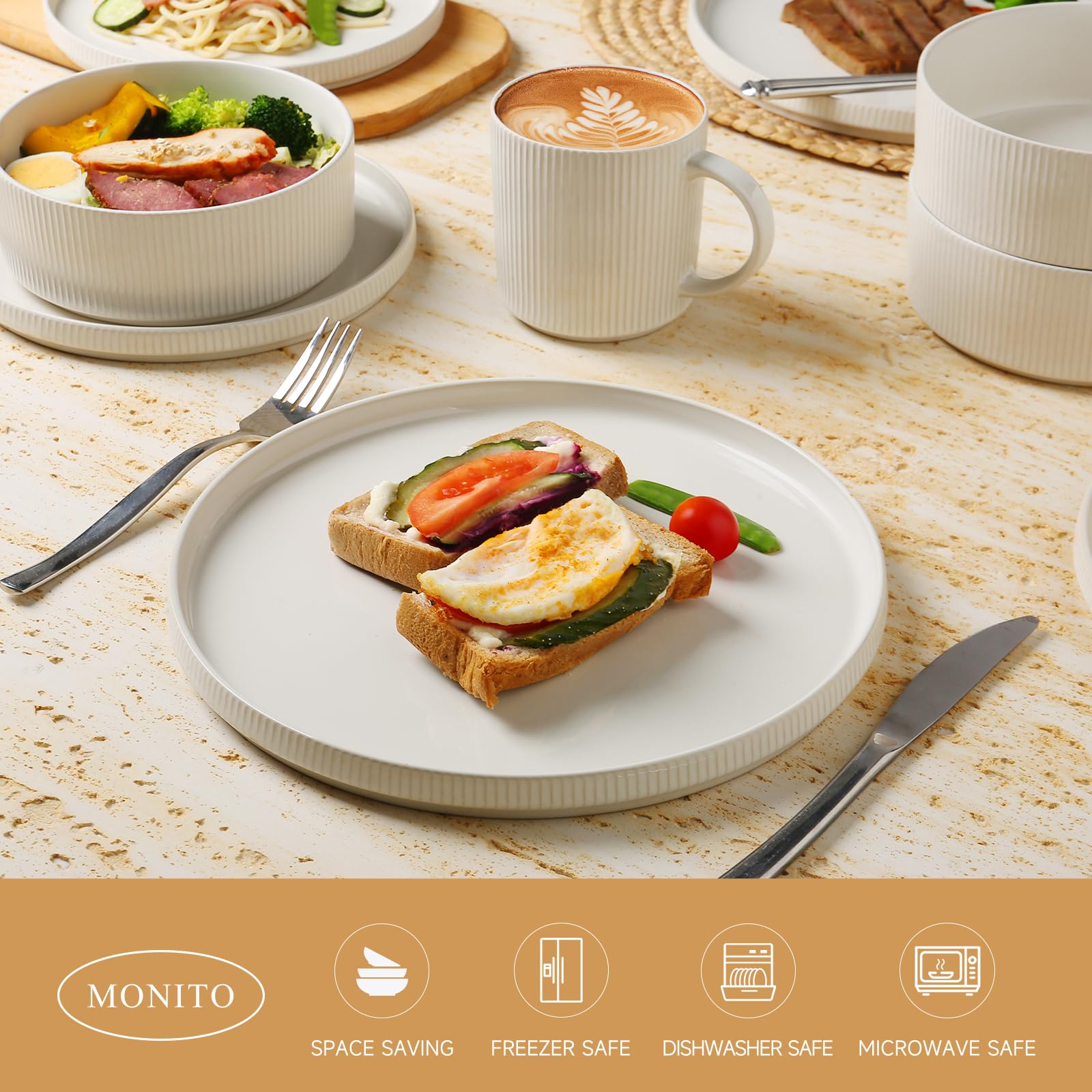 MONITO Ceramic Dinnerware 16 Pieces Dinner Set,Plates Pasta Bowls Cereal Bowls Reactive Change Glaze Dish Sets, Modern Stoneware