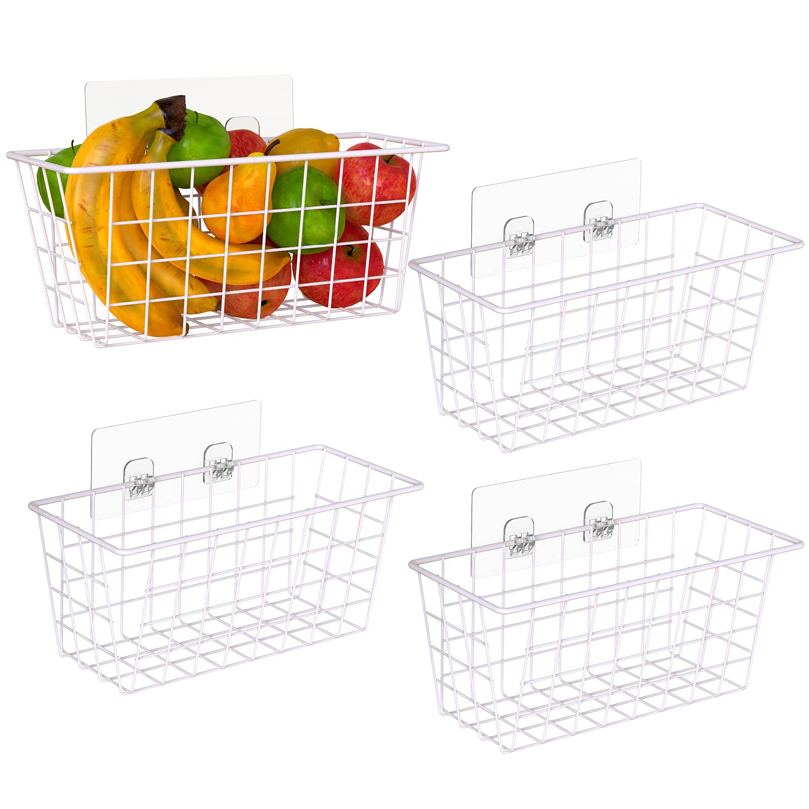 Adhesive Basket Wall Wire Basket Over Cabinet Door Organizer 4 Pack, White