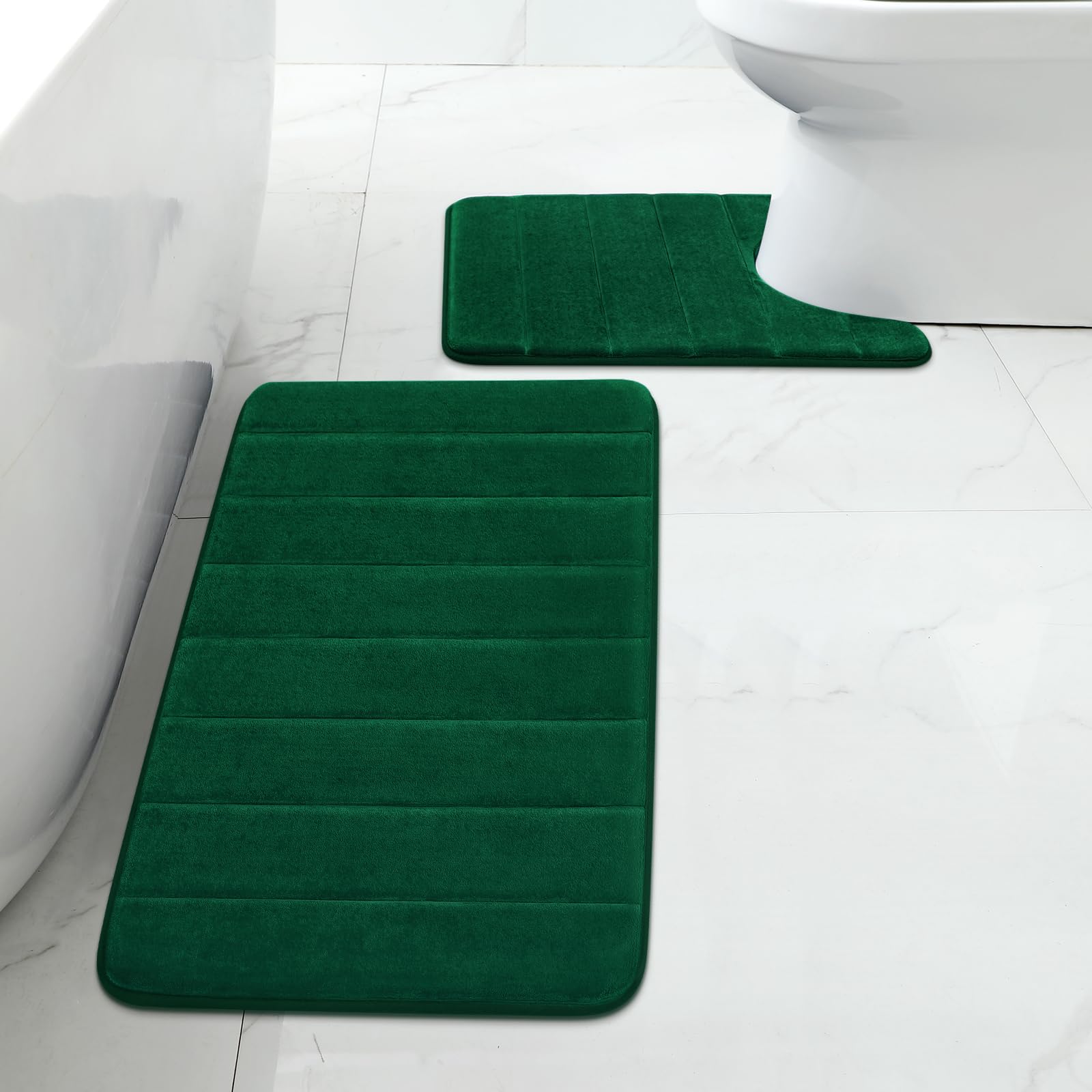 Bysure Bathroom Rugs Sets 2 Piece, Memory Foam Non Slip Extra Soft Absorbent Machine Washable Toilet Bath Mats (Dark Green, 20X3