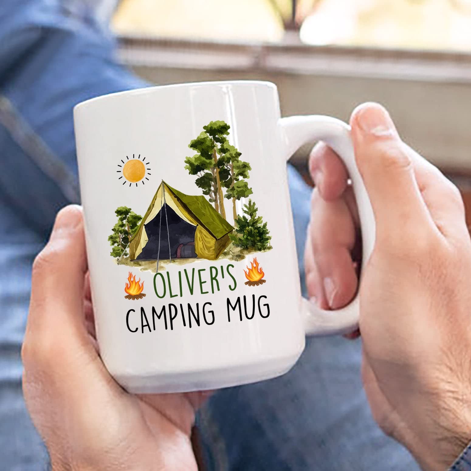 Personalized Camper Mug, Camping Enamel Mug, Camper Coffee Mug, Custom Camping Mug, Forest Camping Mug, Any Name Added To The De