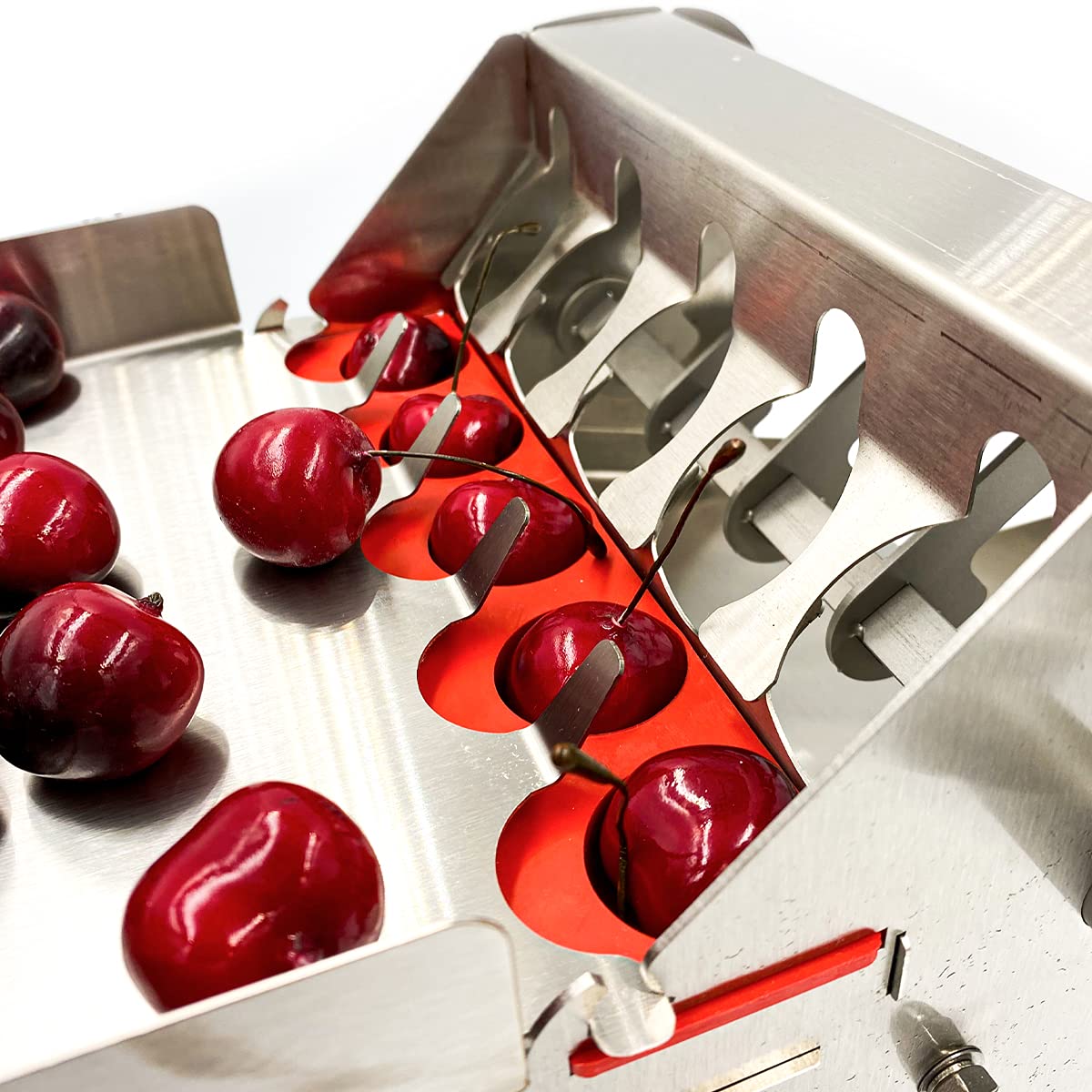 The Sausage Maker - Stainless Steel Deluxe Cherry Pitter - Heavy Duty Multi Pit Removal Tool - 5 At Once Capacity - Includes Cat