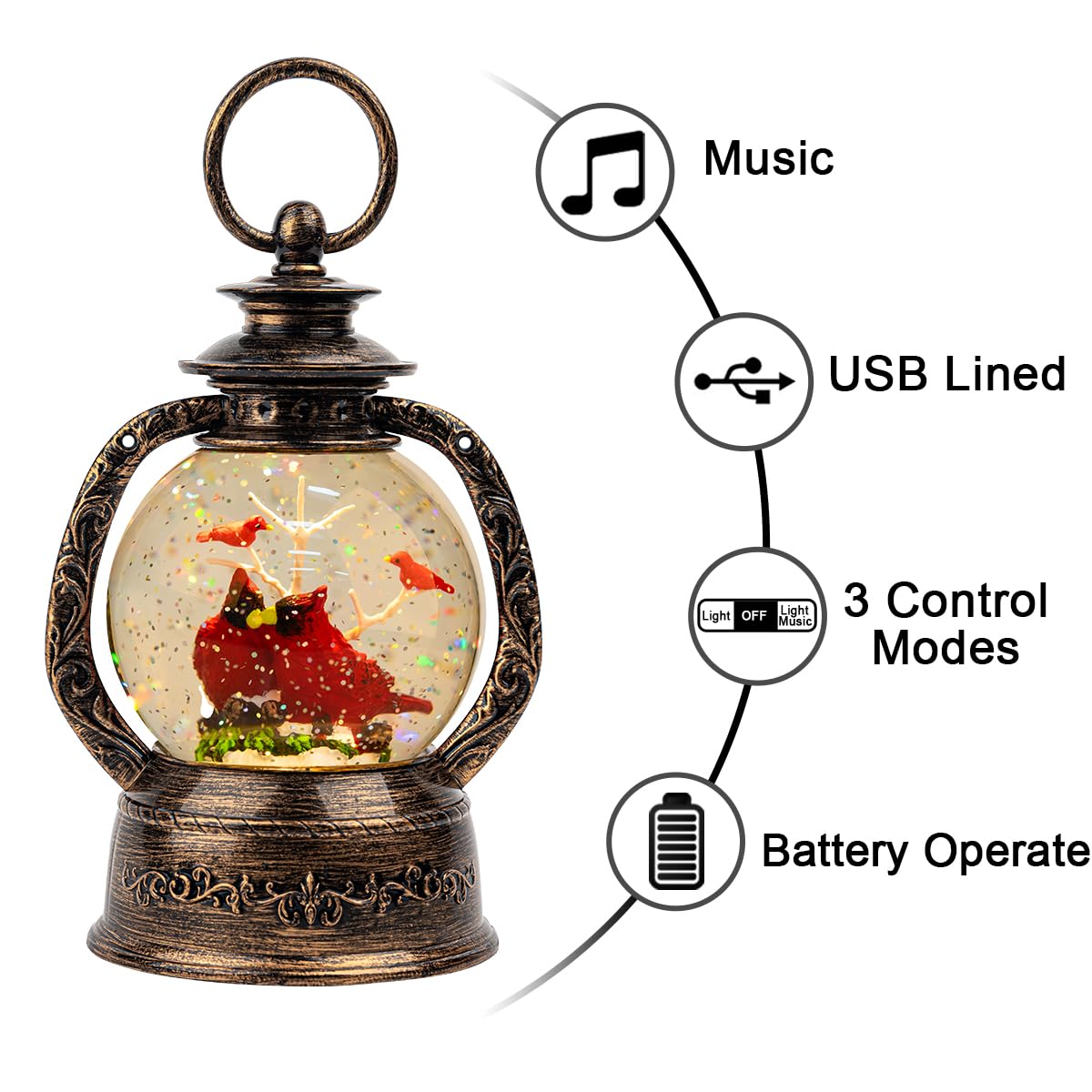 Christmas Snow Globe Lantern Water Glittering Cardinal with Music, USB Lined/Battery Operated Lighted Lantern for Christmas Fest