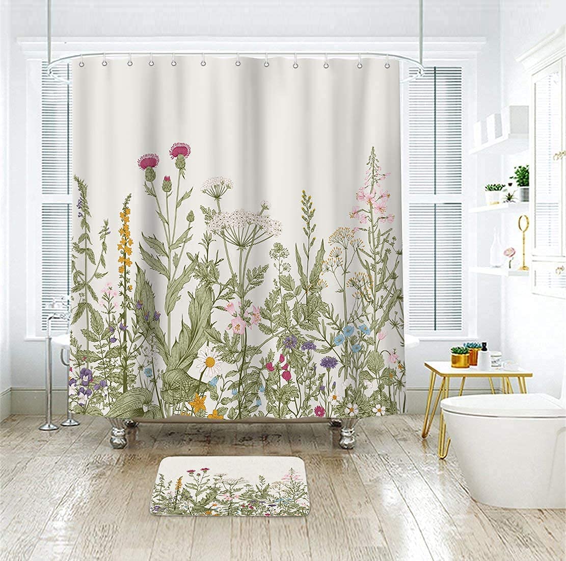 Riyidecor Wildflower Botanical Shower Curtain For Bathroom Decor 72Wx72H Inch Floral Flower Plant Herbs Sage Green Leaves Decora