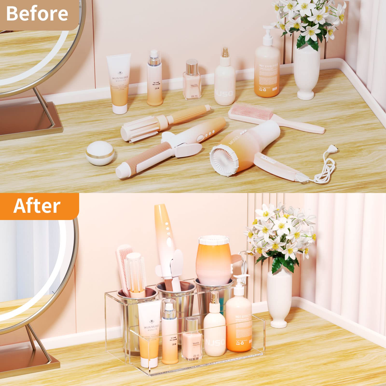 Niubee Hair Tool Organizer, Acrylic Hair Dryer And Styling Holder, Bathroom Countertop Blow Dryer Organizer, Vanity Storage Stan