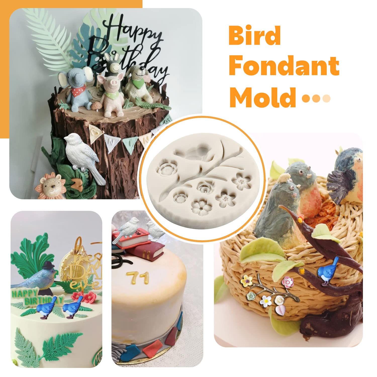 Sijiangmold Bird Silicone Molds Owls Tree Branch Fondant Mold Flower Leaves Silicone Molds For Cake Decorating Candy Chocolate G