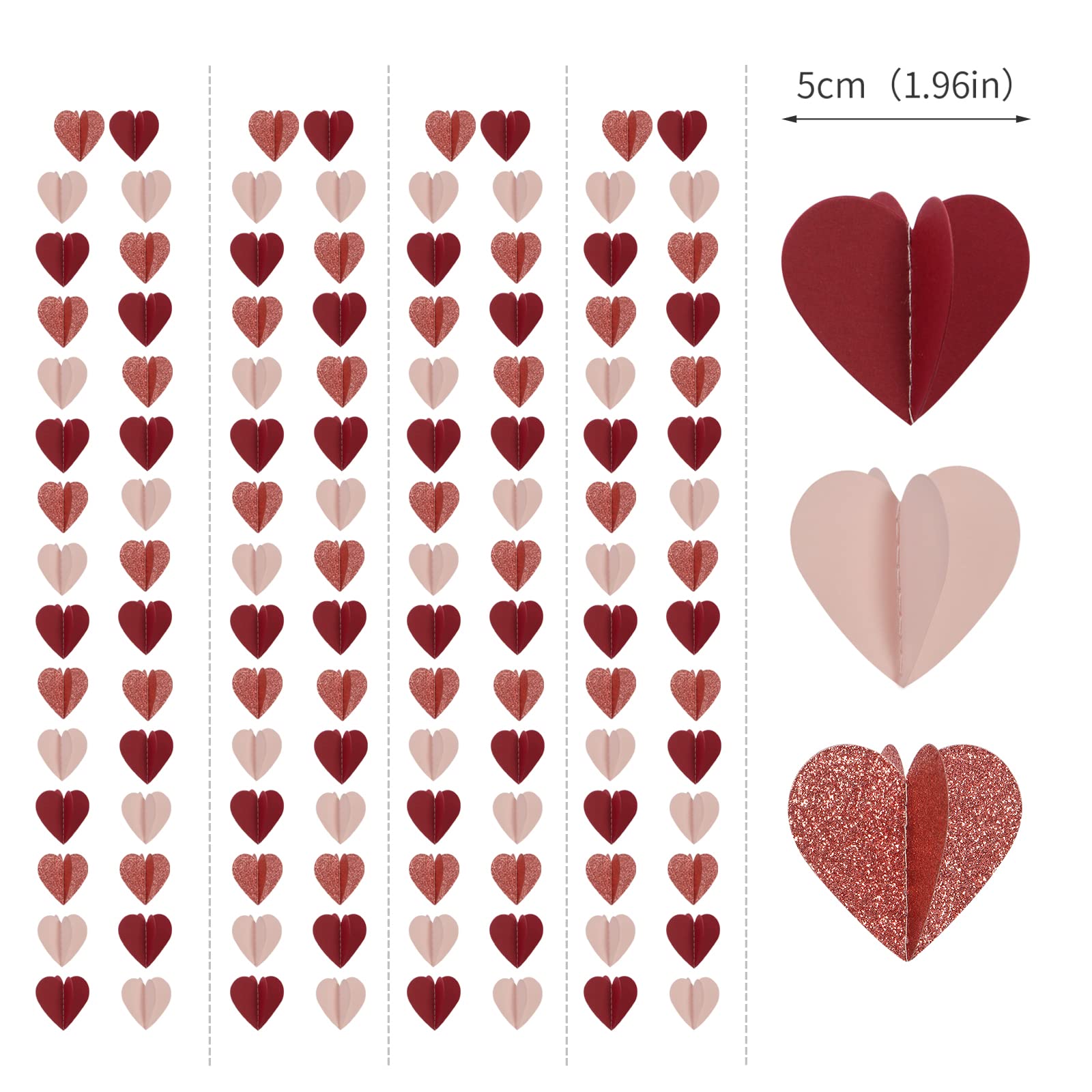 Rose-Gold Pink Burgundy-Red 3D-Heart Garland - 39Ft Valentines Day Party Decorations Hanging Paper Streamers Banner,Engagement W