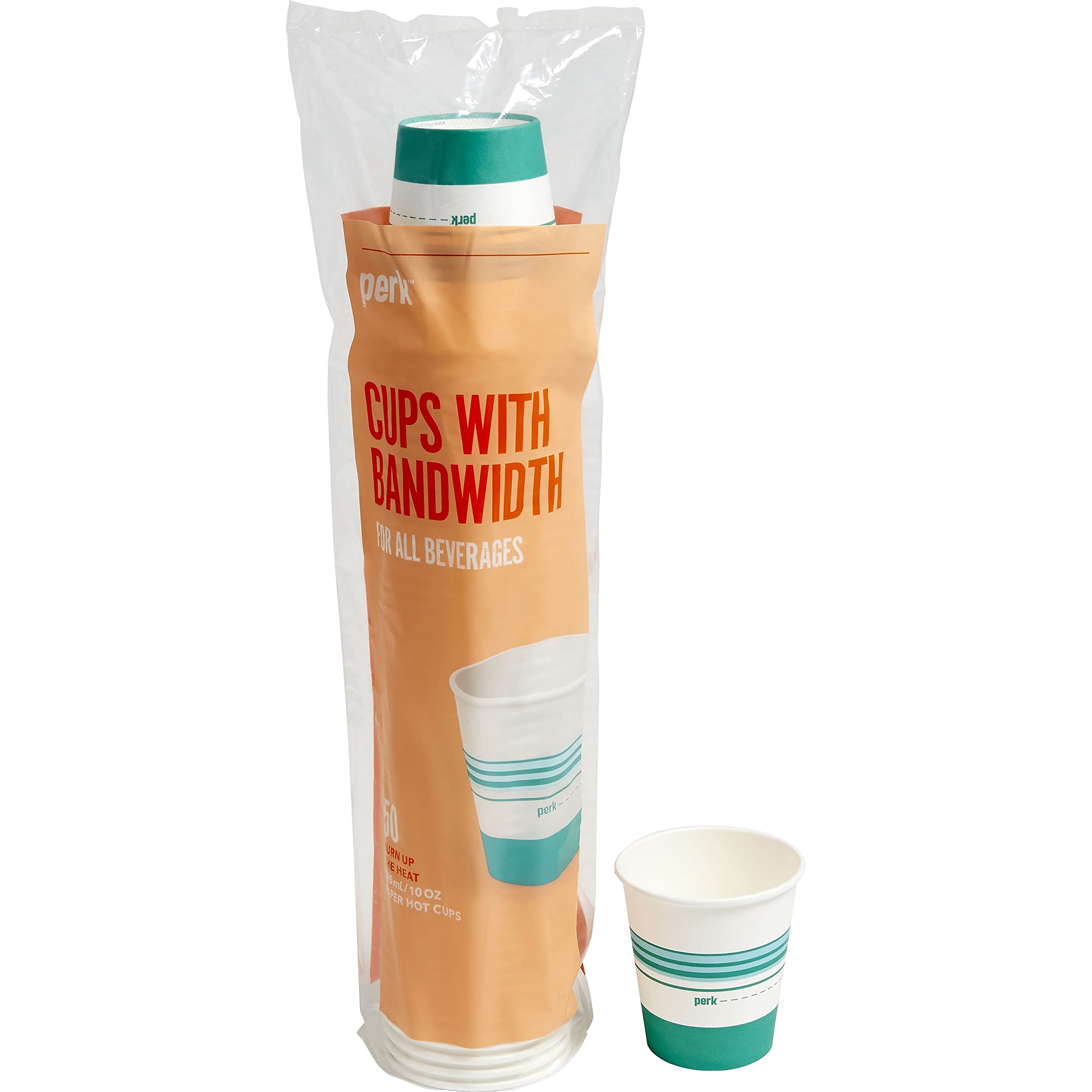 Perk Paper Hot Cups, 10 Oz, 50 Count Disposable Cups for Hot Beverages, White/Teal
