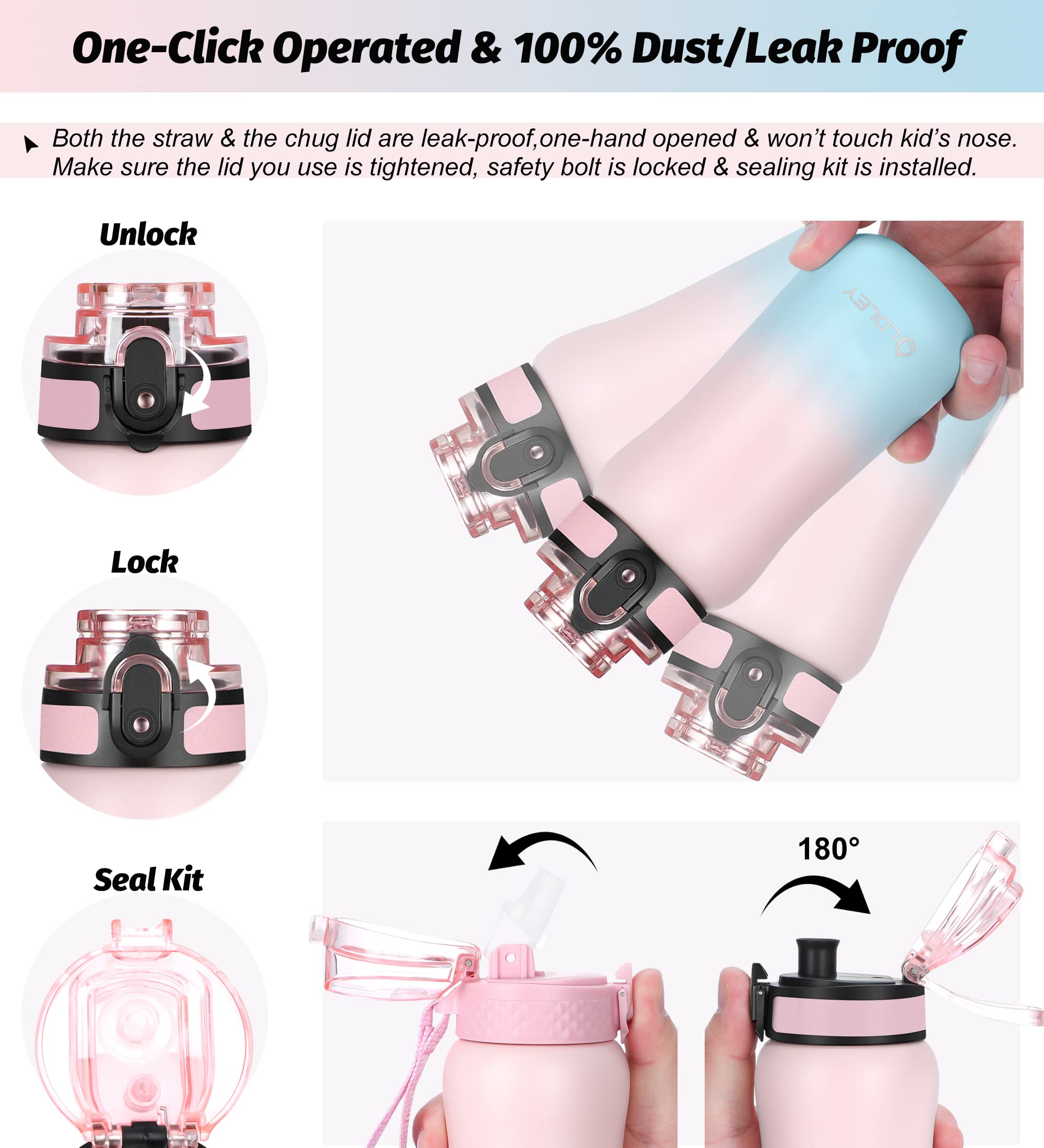 Oldley Insulated Water Bottle 12Oz Kids Water Bottles With Straw, Stainless Steel Water Bottle With 2 Lids, Double Wall Vacuum B