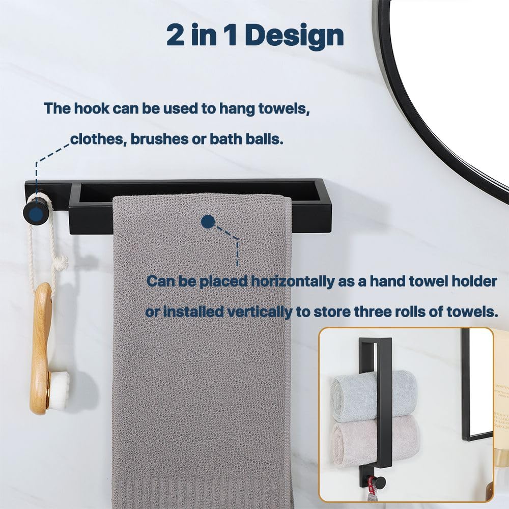 Sayayo Matte Black Towel Bar With Hook, 12 Inch Bathroom Towel Rack Wall Mounted, Hand Towel Ring Holder Sus304 Stainless Steel