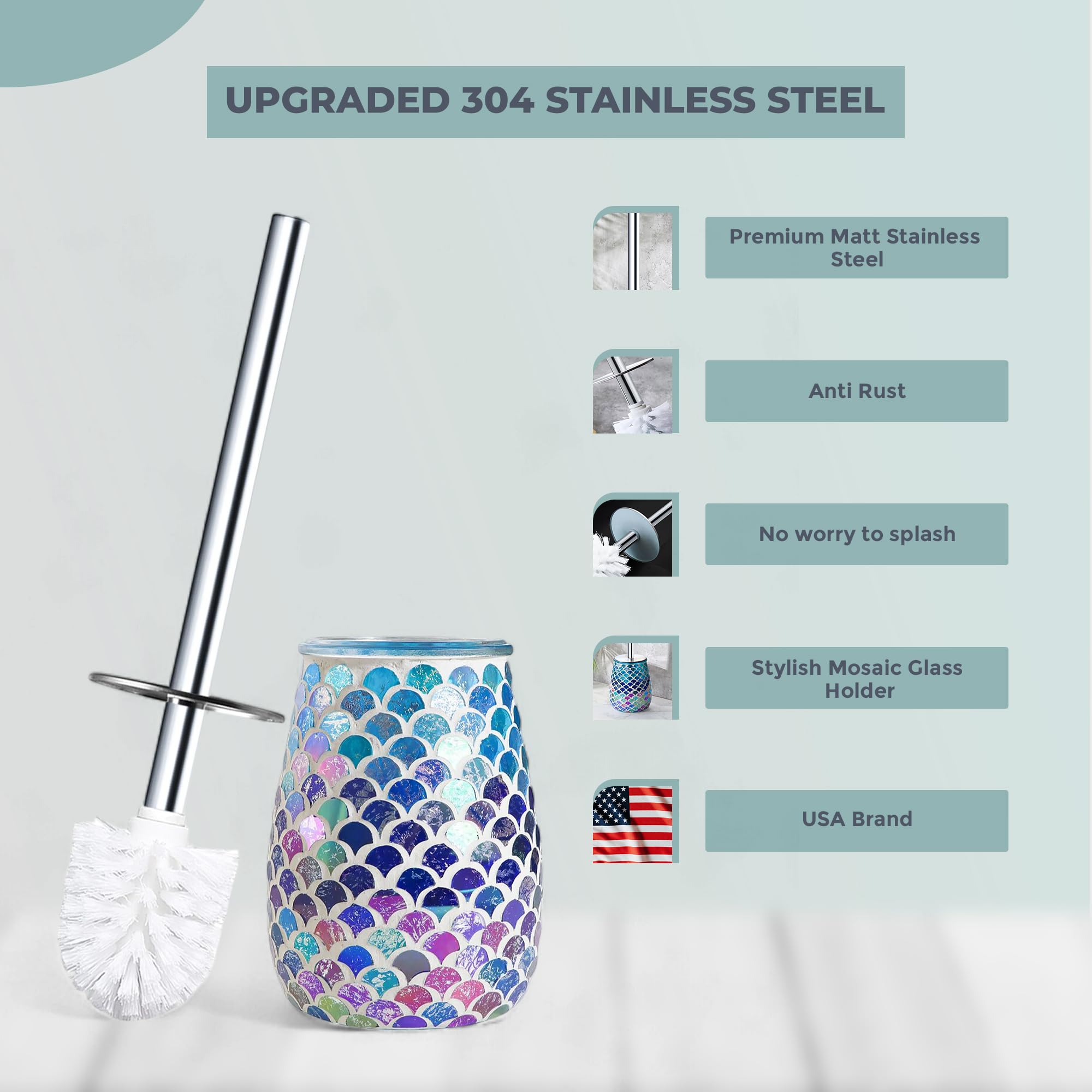 Escenzy Mermaid Bathroom Toilet Brush And Holder Set Mosaic Glass | Non-Rustic Stainless Steel | Practical & Decorative Toilet B