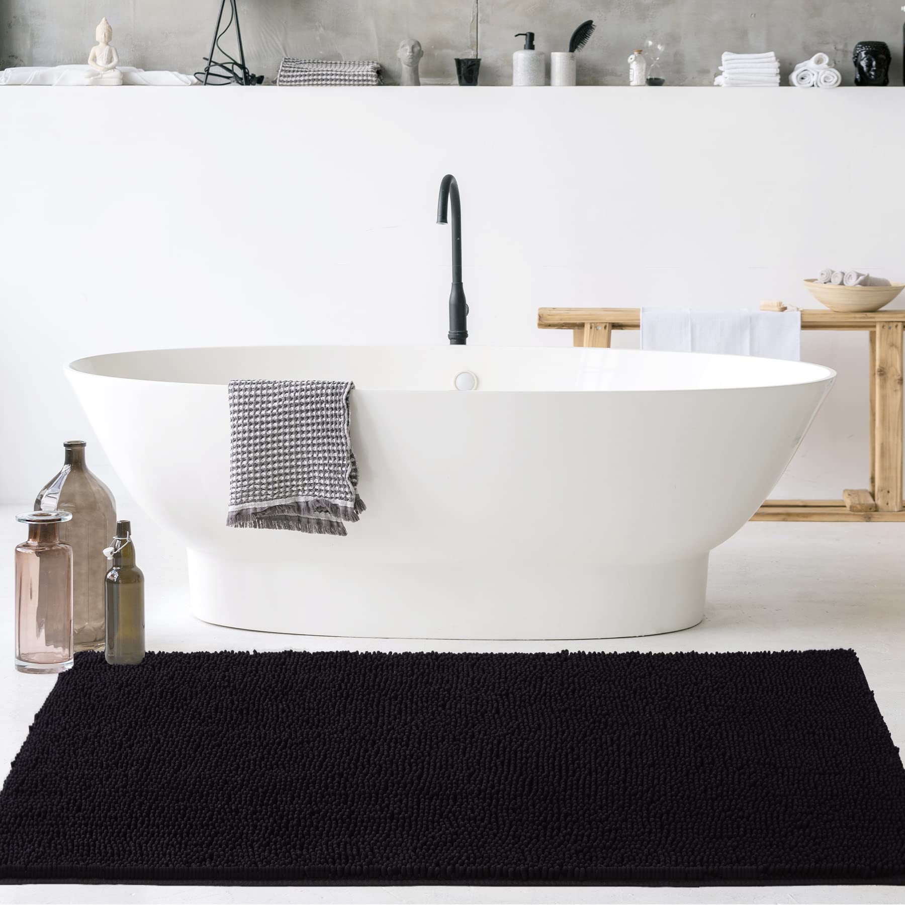 Noahas Bath Rugs 24'' x 70'' Large Runner Bathroom Rug  Soft Luxury Chenille Bathroom Mats with Non-Slip Backing  Throw Absorbent Carpet for Bath Tub/Shower  Machine Washable Durable Rug  Black