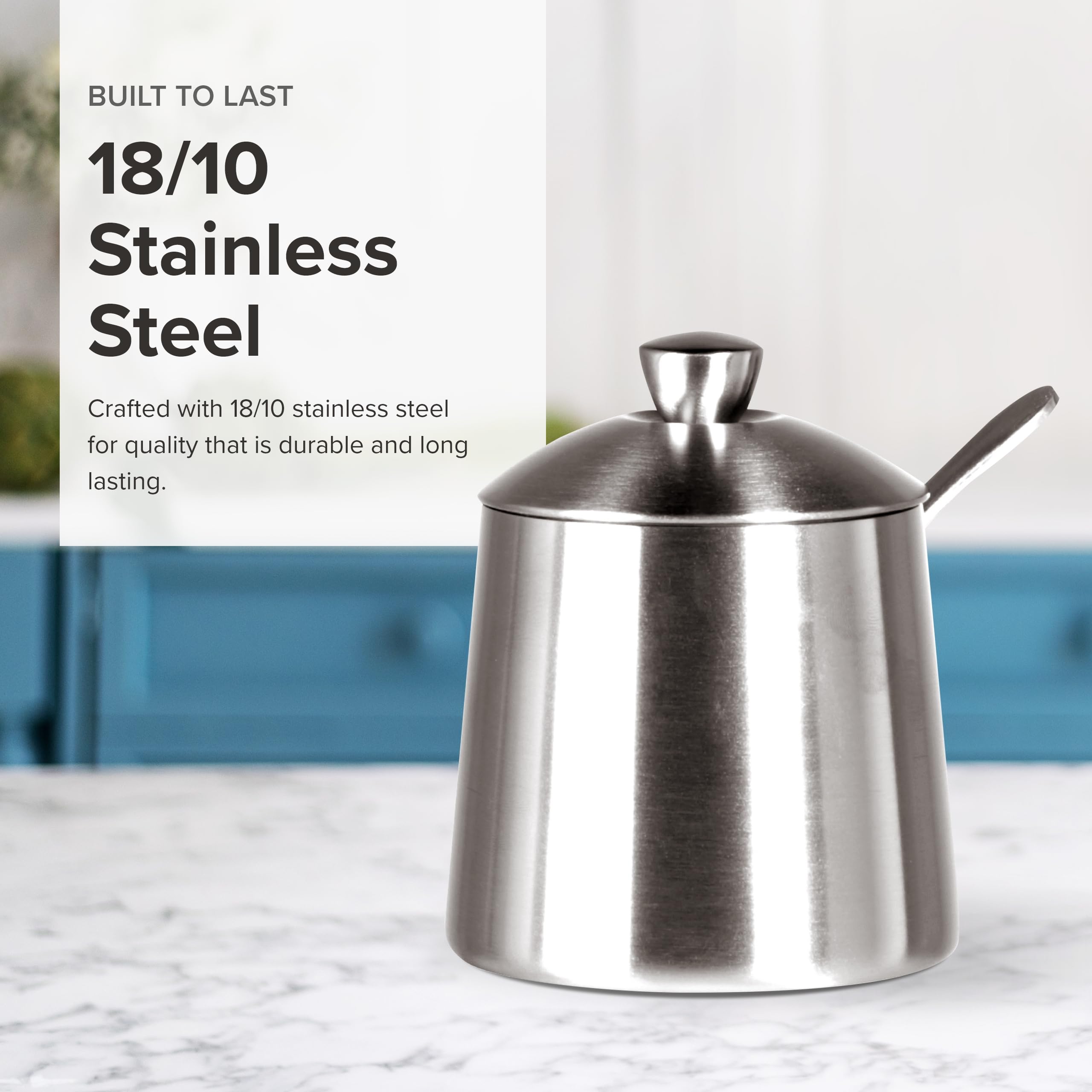 Frieling Usa 18/10 Brushed Stainless Steel Sugar Bowl With Spoon - Countertop Jar Holder For Sugar Cubes