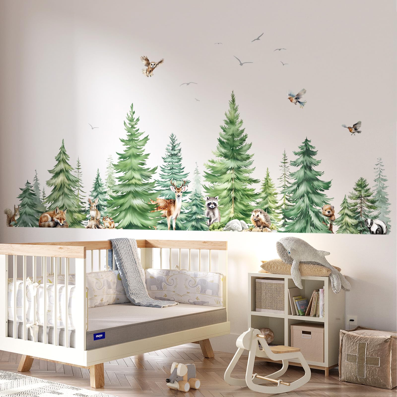 Decalmile Large Watercolor Pine Tree Animals Wall Stickers Woodland Forest Tree Fox Deer Bear Wall Decals Baby Nursery Bedroom L