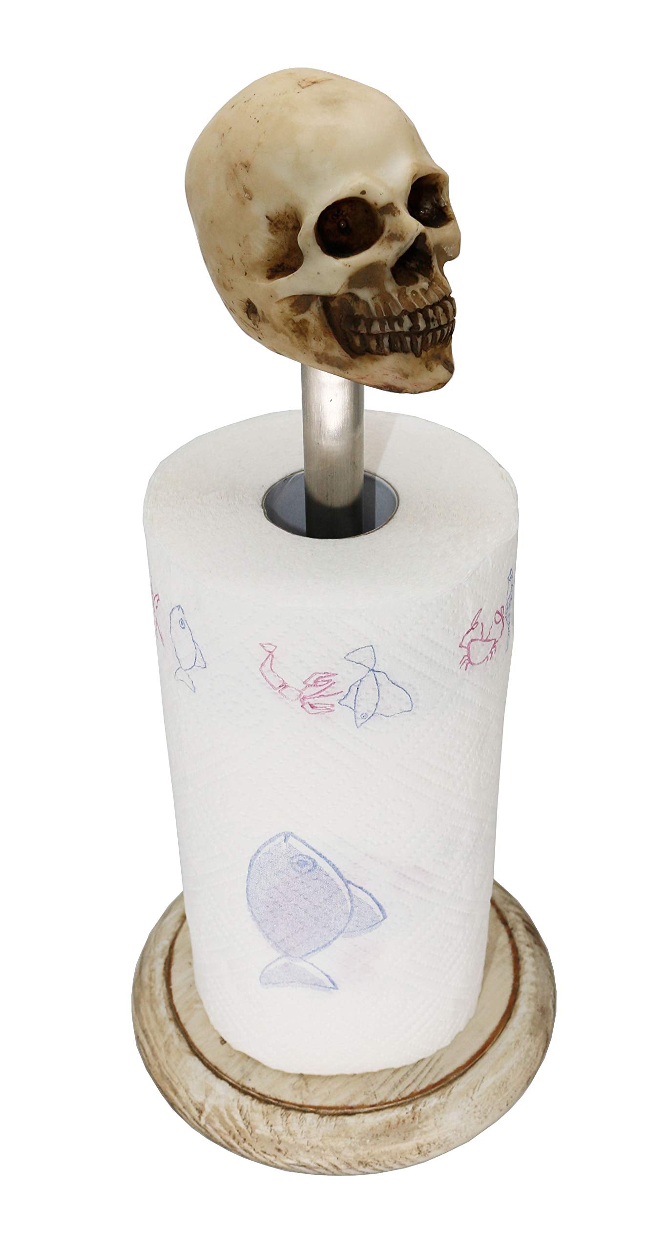 Rustic White Wood Skull Stand Up Paper Towel Holder, Easy One-Handed Tear Kitchen Paper Towel Dispenser With Weighted Base For S