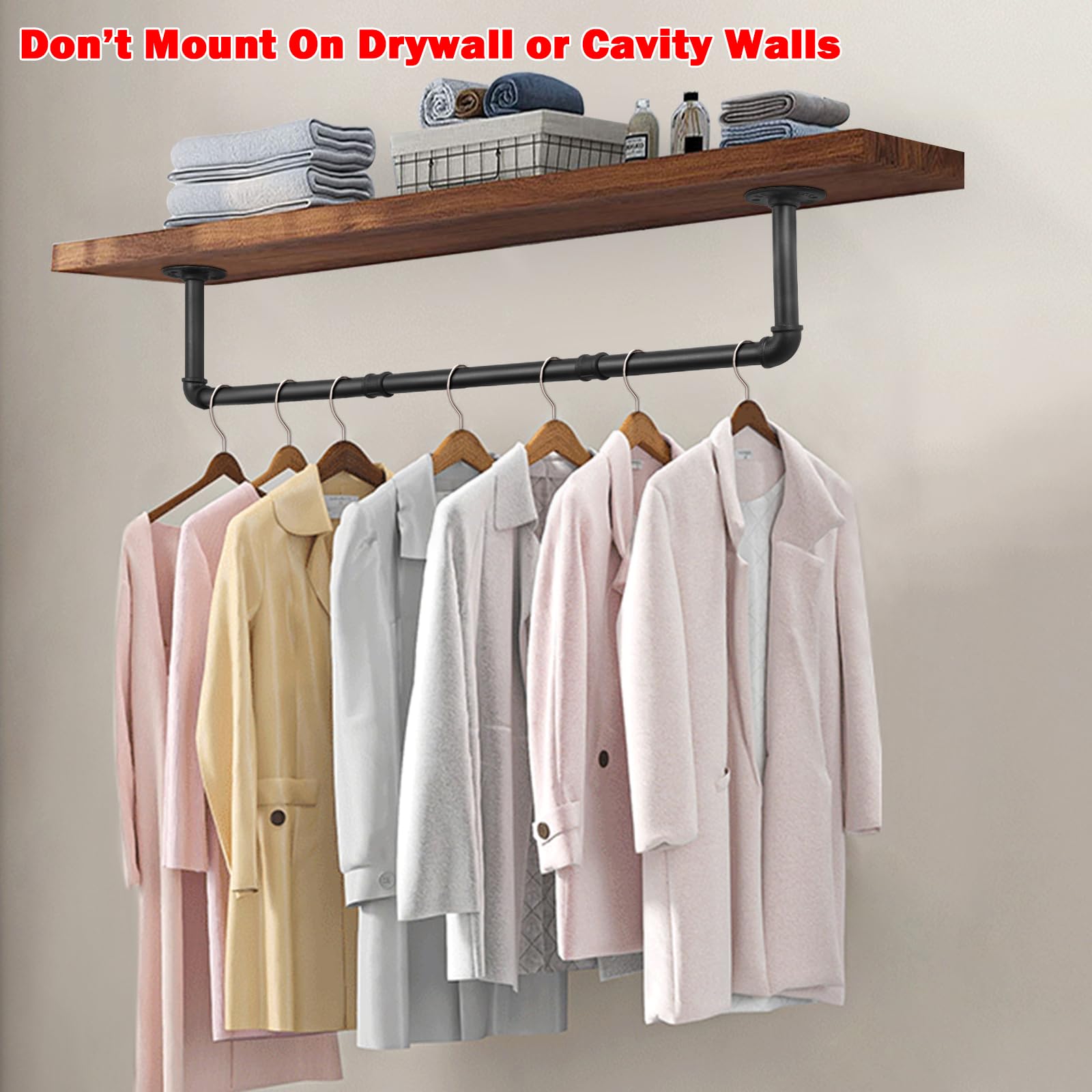Livabber Industrial Pipe Clothes Rack, Heavy Duty Iron Garment Rack, 36 Inch, Wall Mounted, Black