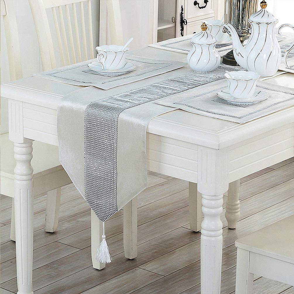 Hemiaor Rhinestone Wedding Sequined Table Runner With Tassels,13X98 Inches,Creamy White