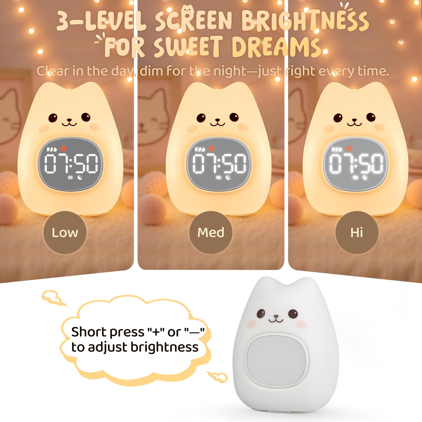 Aokpsrt Cat Alarm Clock with Night Light for Kids with Sleep Training and Sound Machine, Rechargeable Silicone Lamp OK to Wake C