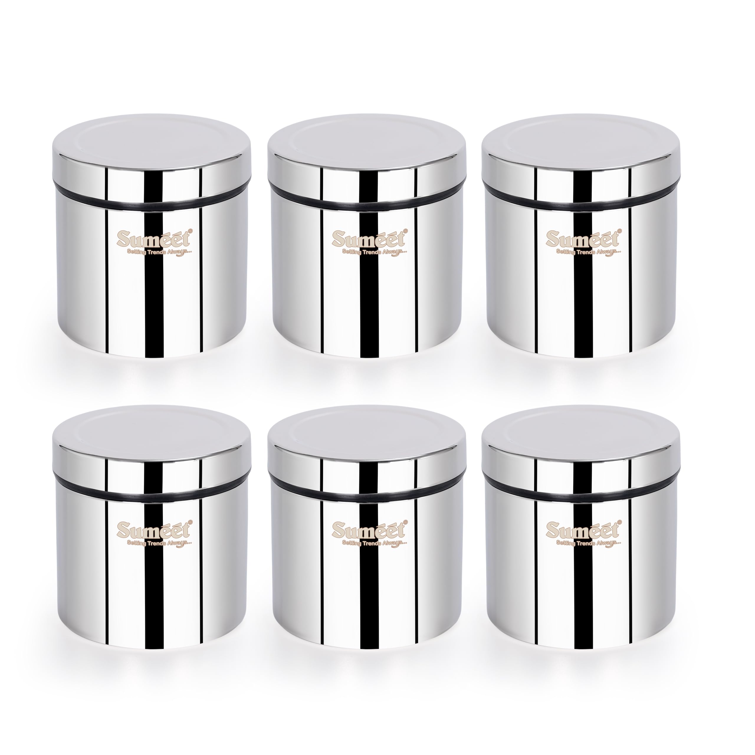 Sumeet ISI Certified Stainless Steel Air Tight Storage Container Jar Canister Dabba with Threading Screw Cap for Kitchen - Pack of 6Pc  8.3cm  350ml  Silver