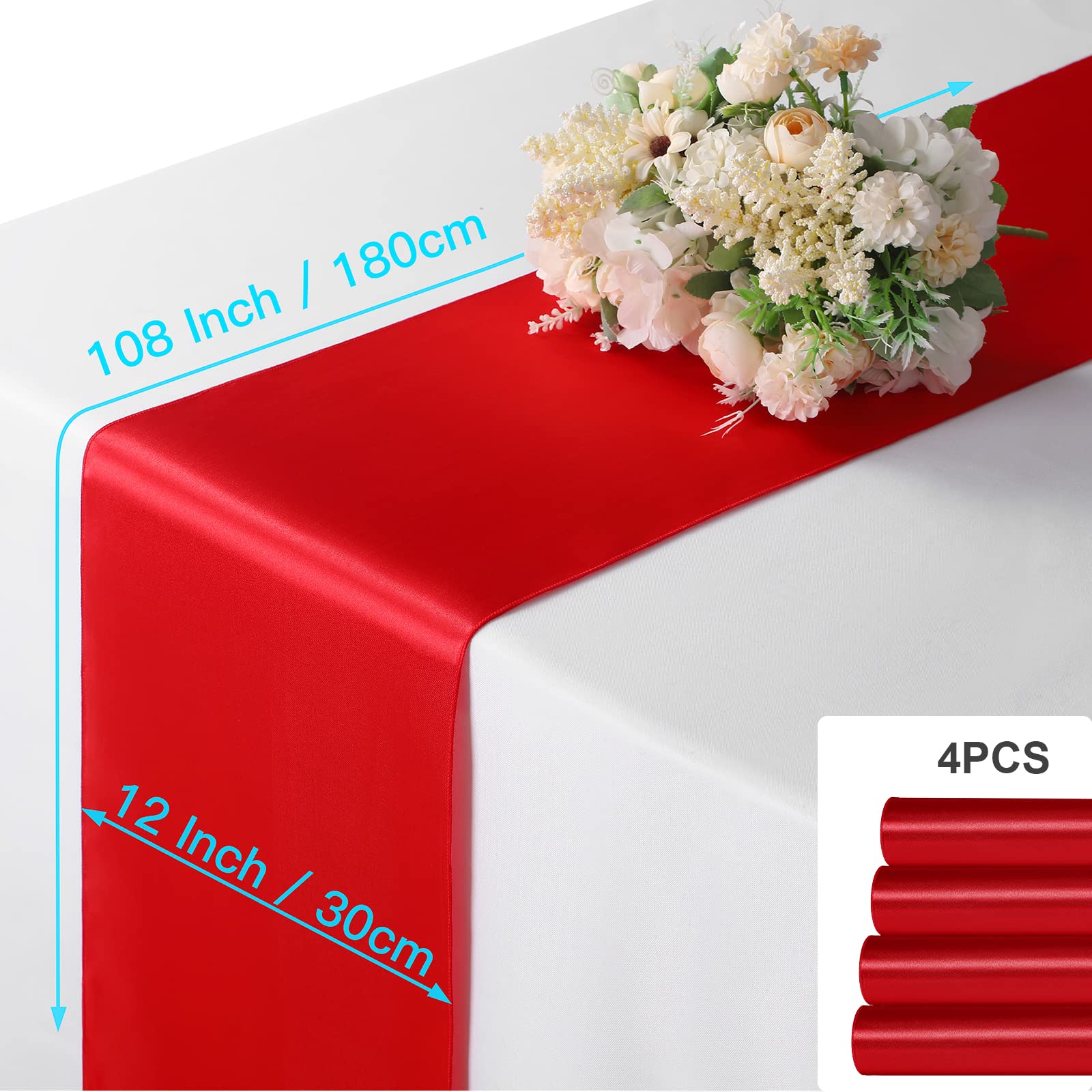Manyshofu 4Pcs Satin Red Table Runner - 12 x 108 Inch Long Size  Party Table Runner Decor Bright & Smooth Wedding Decorations Table Runner for Banquet Chef Birthday Buffet Dinner Graduations