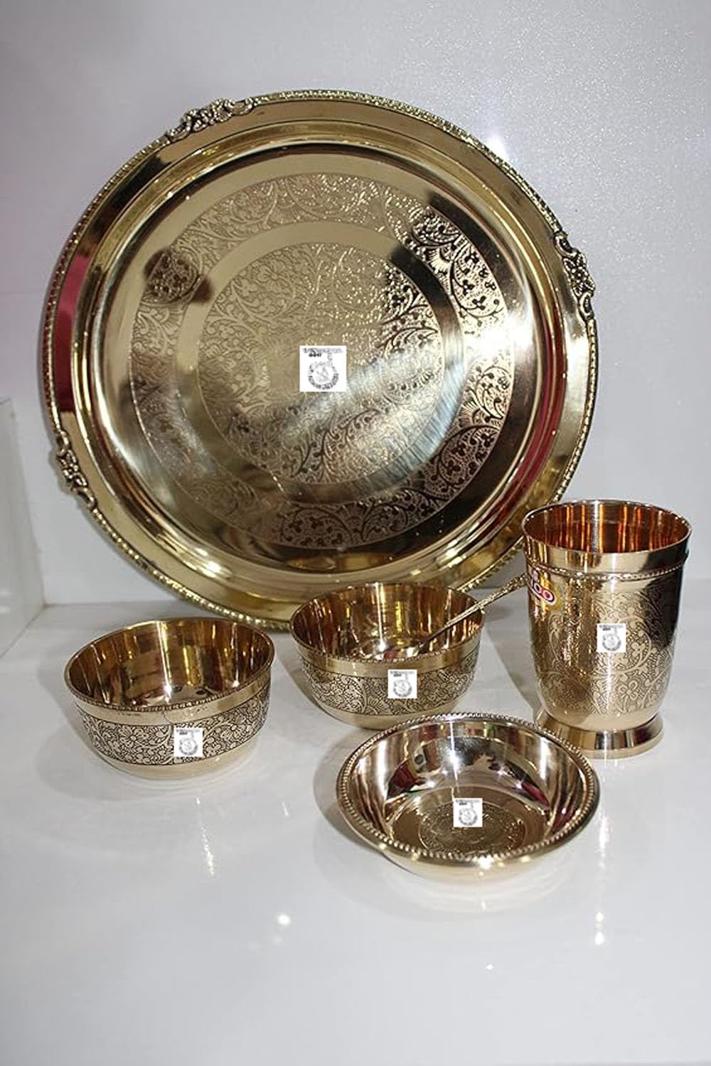 THATHERA Handmade Traditional Brass Thali Utensils Set Cooking, Serving, and Eating Food (Set of 6) Gold Color