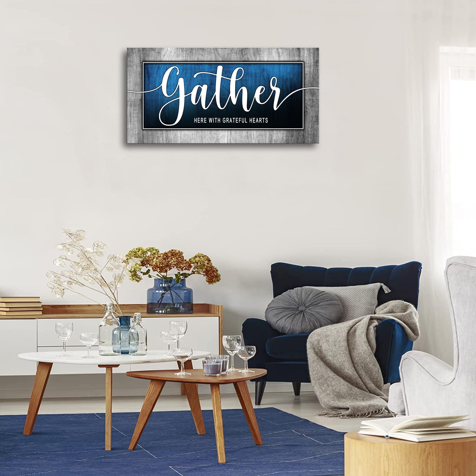 Inspirational Quote Canvas Wall Art For Living Room-Gather Signs For Home Decor-Gather Wall Decor-Blue Canvas Print Painting Pic