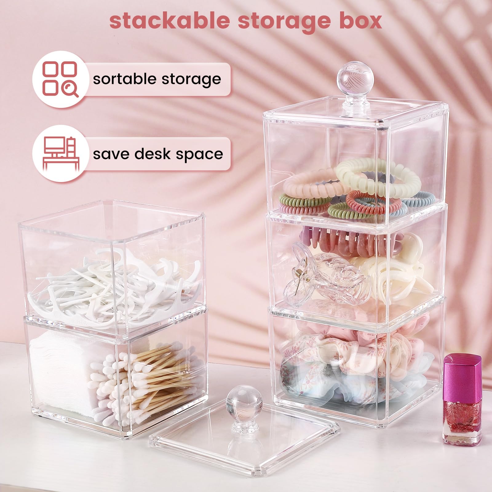 BLVRYVIO Hair Accessories Organizer for Girls  Clear 3 Stackable Acrylic Hair Tie Organizer for Headband  Bows  Cotton Swab Organization  Bathroom Containers Hair Clip Holder Storage with Lids