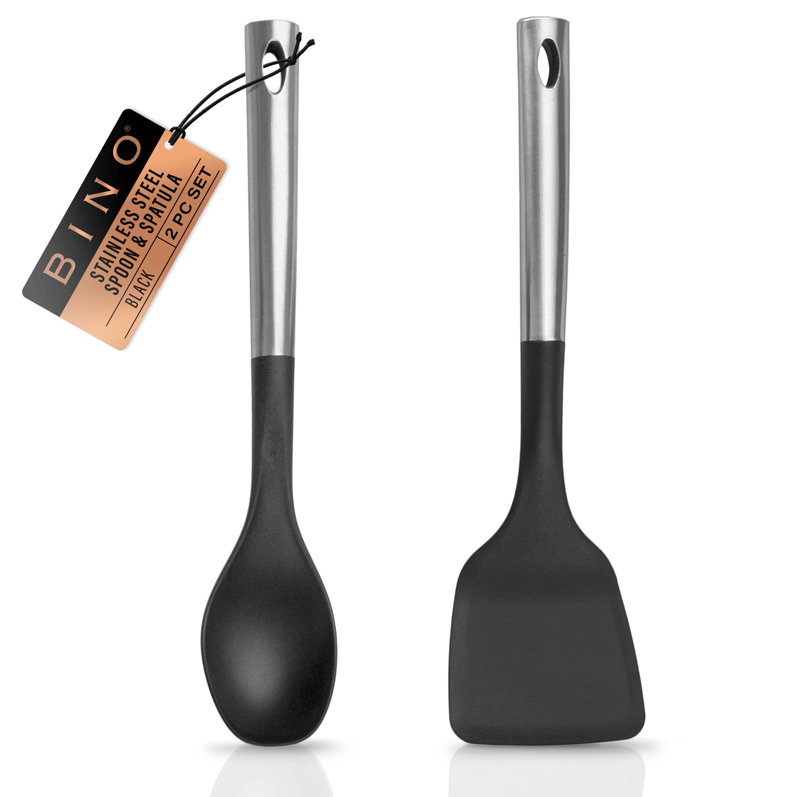 Bino 2-Piece Spoon & Turner Set With Stainless Steel Handles - Black | Heat Resistant Bpa-Free Nonstick Cookware | Cooking Mixin