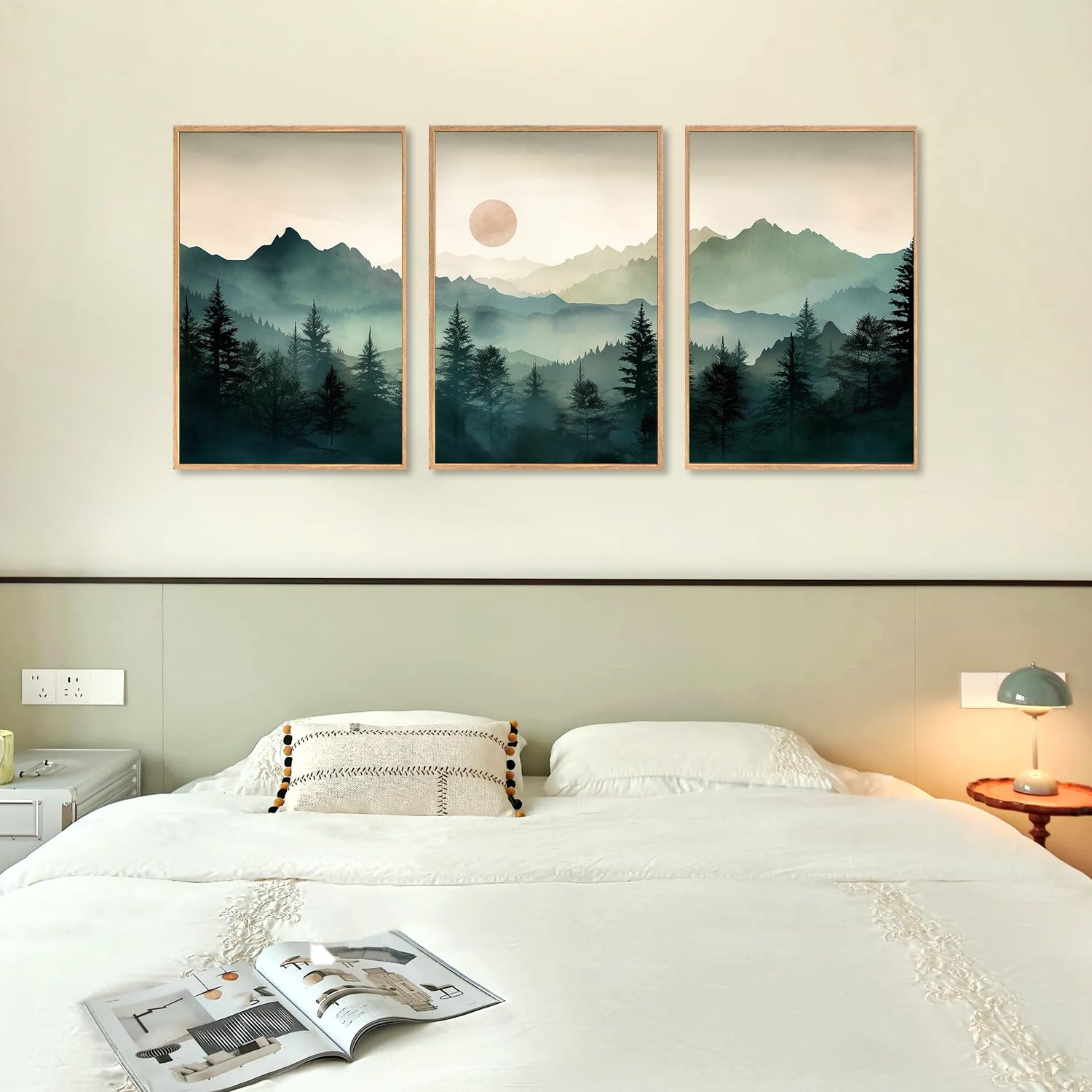 Lhiuem Large Boho Mountain Framed Wall Art Set,Watercolor Pine Tree Wall Painting,Abstract Foggy Green Forest Artwork,Modern Nat