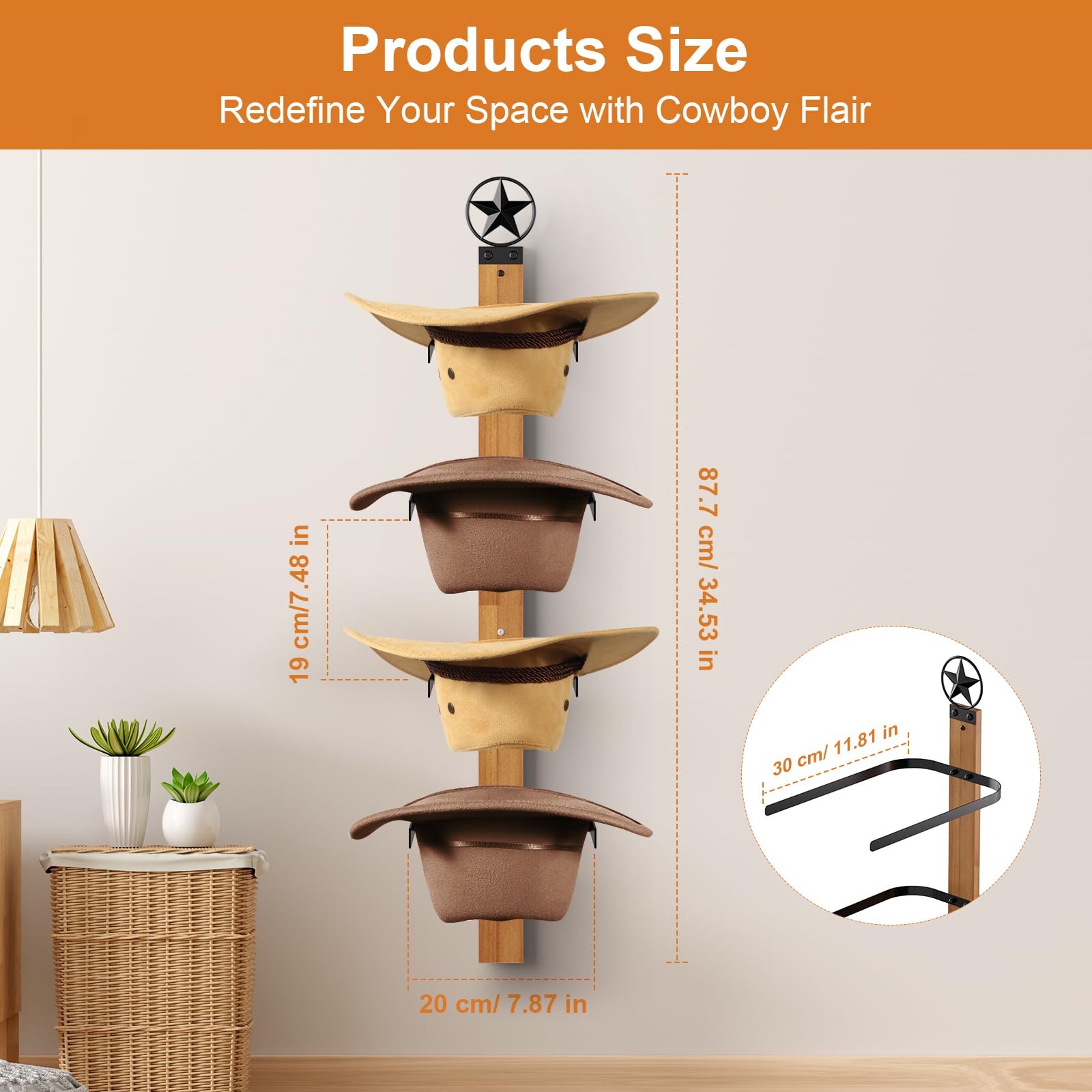 Fluffytree Cowboy Hat Rack, 4-Piece Western Hat Rack For Wall With Natural Wooden Board, Gift Cowboy Hat Holder For Wall D  Cor