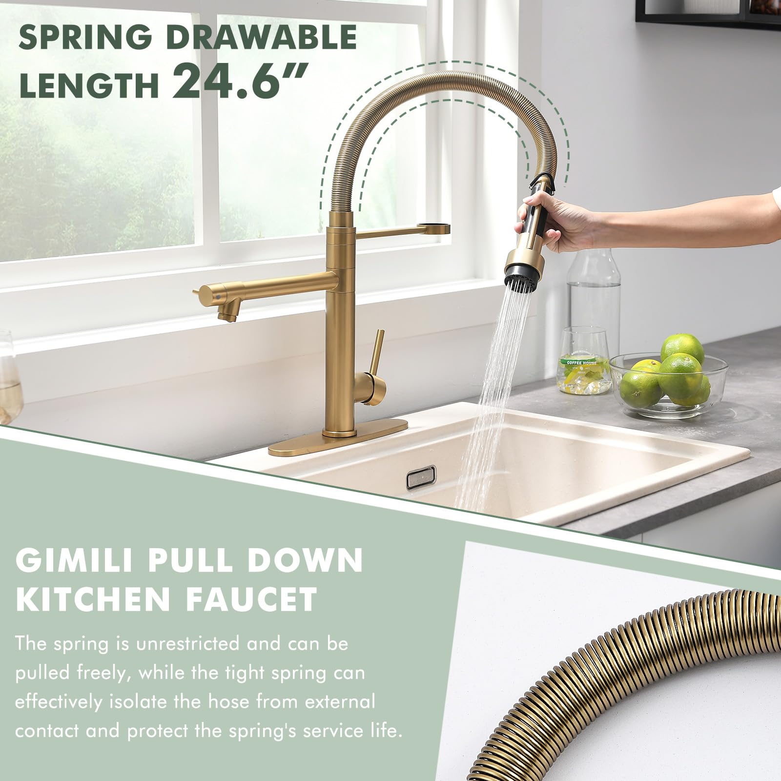 Gimili Brushed Gold Kitchen Faucet With Pull Down Sprayer Commercial Kitchen Faucet Double-Headed Single Handle Spring Stainless