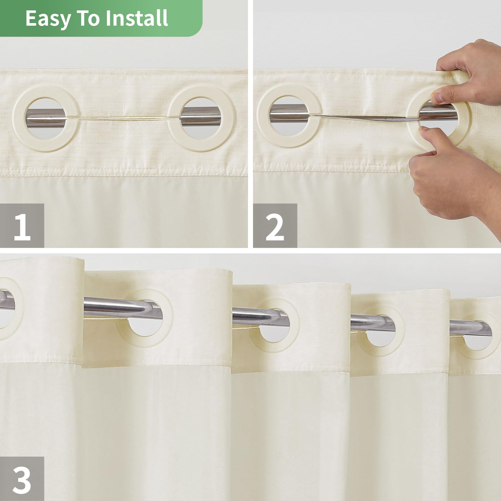 Eachope Cream Long No Hook Shower Curtain With Snap-In Fabric Liner Set,Slub Textured Fabric Shower Curtains For Bathroom,Hotel