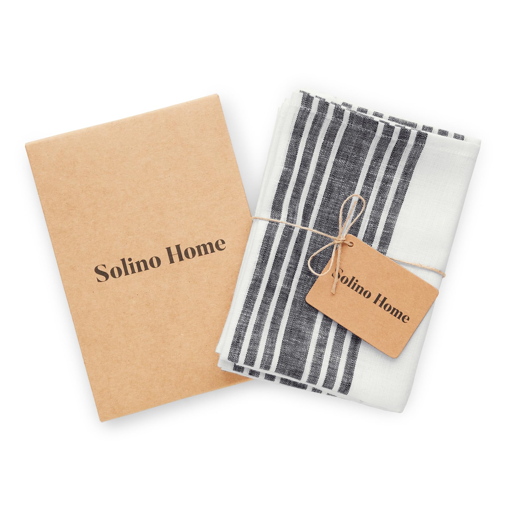 Solino Home Linen Kitchen Towels Set Of 2 - Black And White 17 X 26 Inch - 100% Pure Linen Farmhouse Kitchen/Tea Towels- Machine